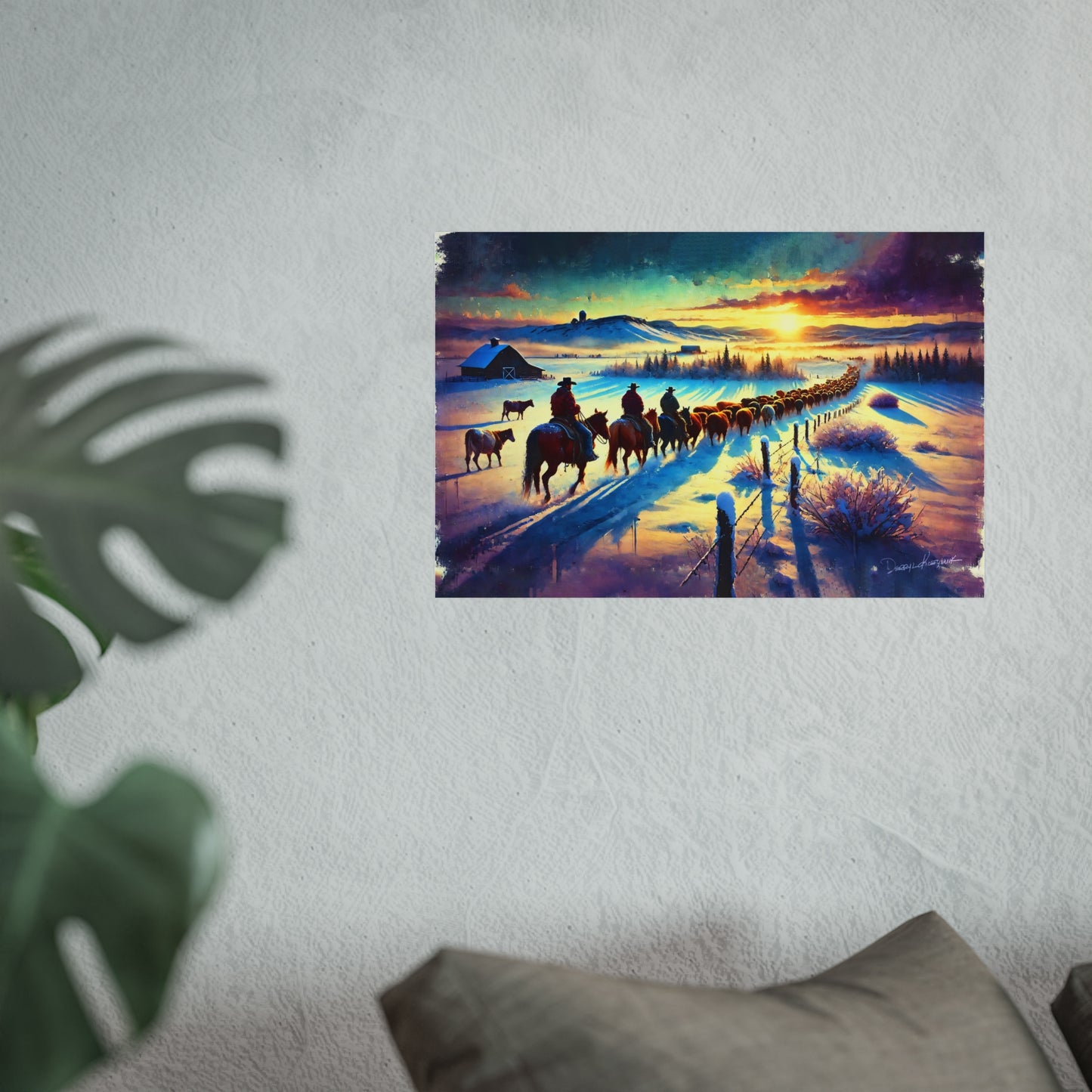 Poster of a snowy landscape with cowboys on horseback and animals, mounted on a wall.
