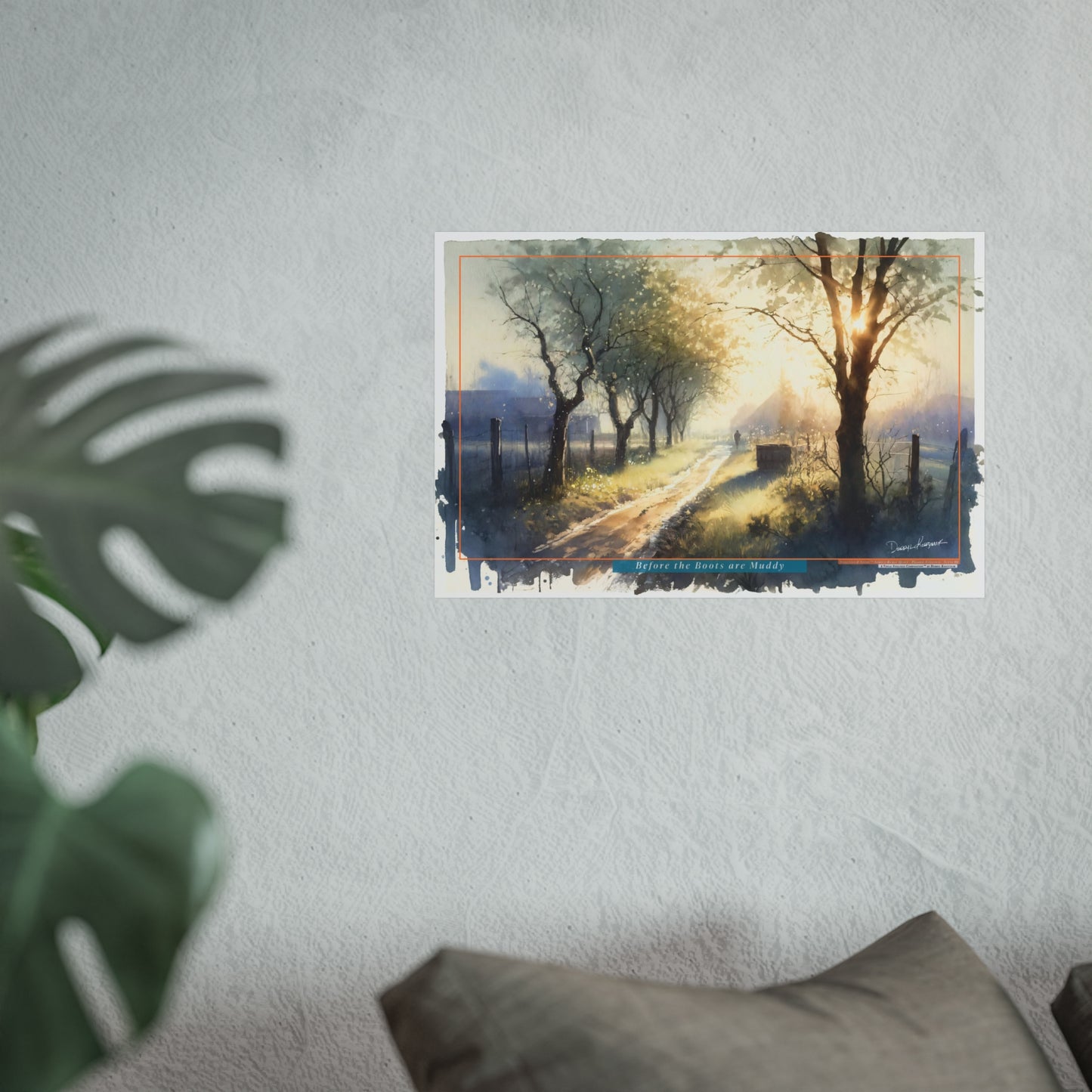 Fine art print of a sunlit path flanked by trees on a textured wall.