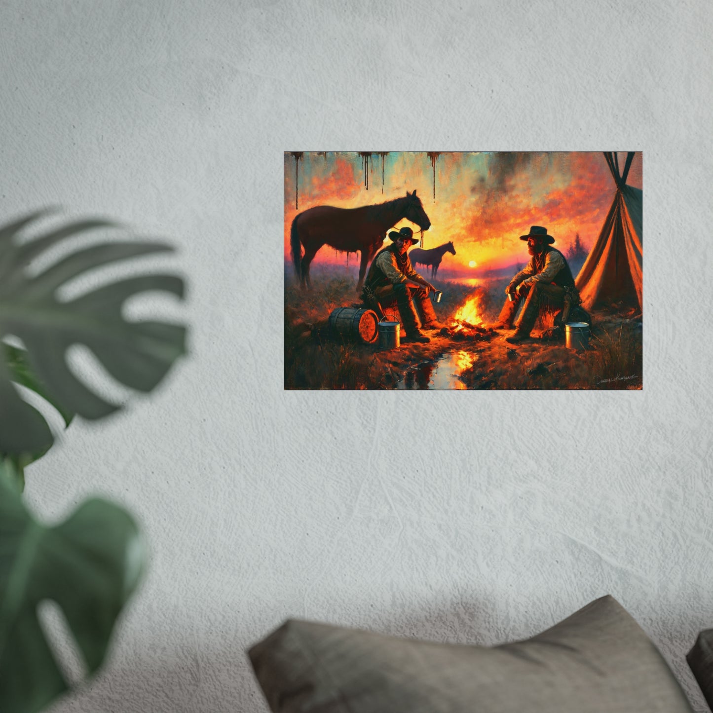 Art print of two cowboys by a campfire with a horse, tent, and sunset sky on a textured wall.