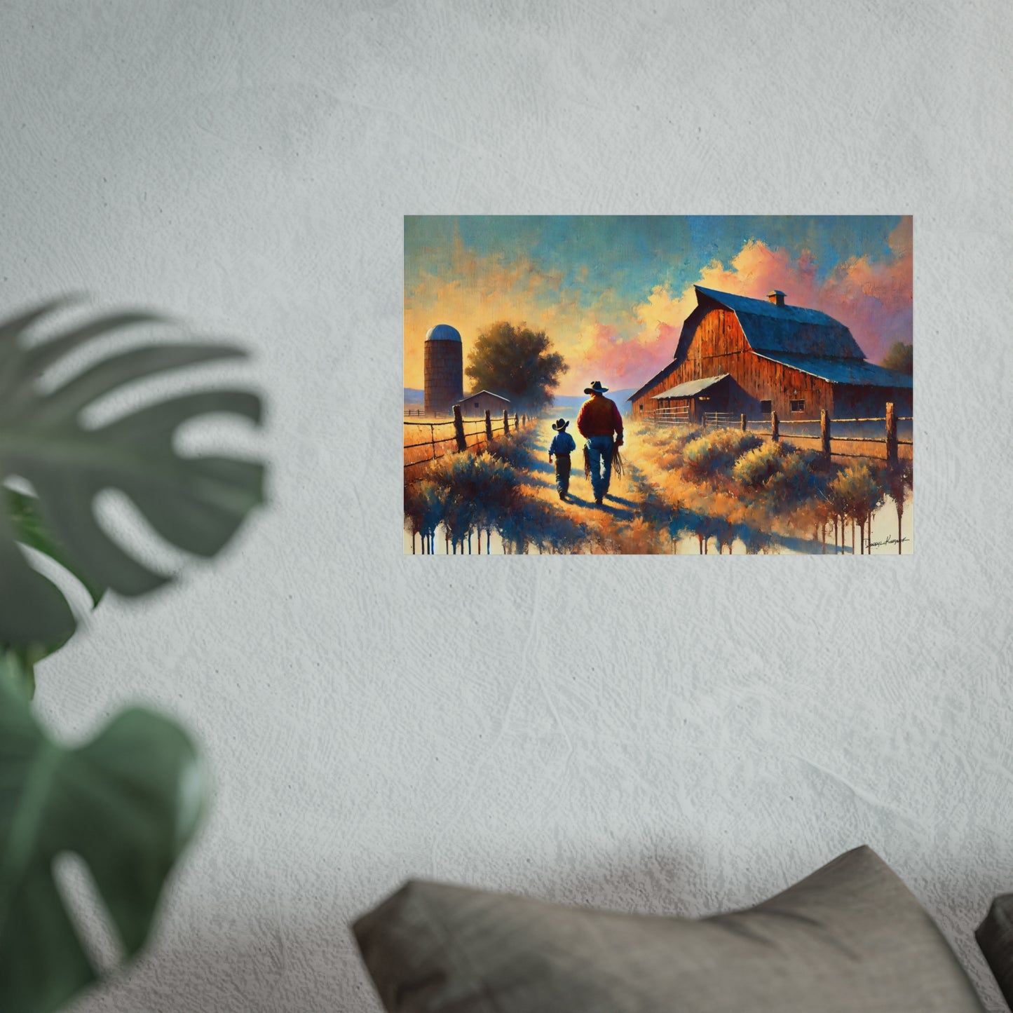 Painting of a cowboy and cowpoke walking towards a barn on a farm with a colorful sky.