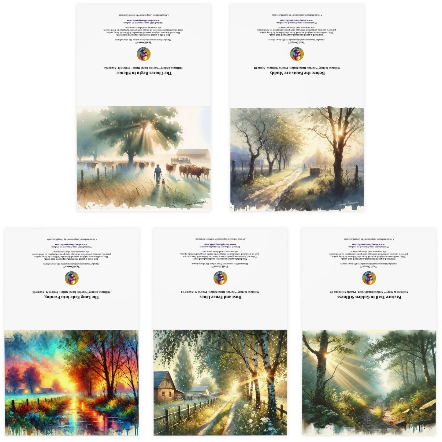 Set of five cards with nature-themed designs featuring trees and sunbeams.