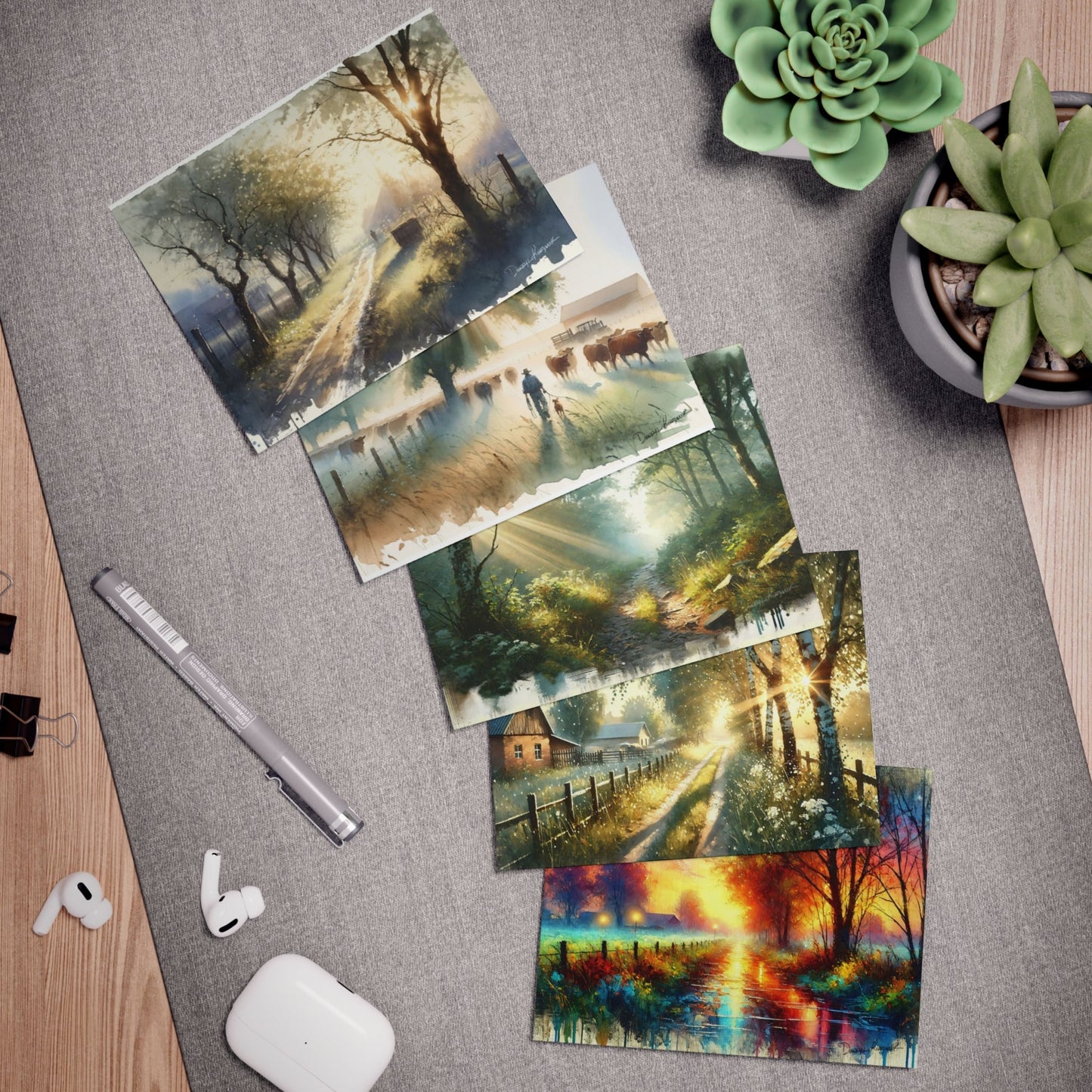 Five nature-themed cards on a desk with a plant and office supplies.