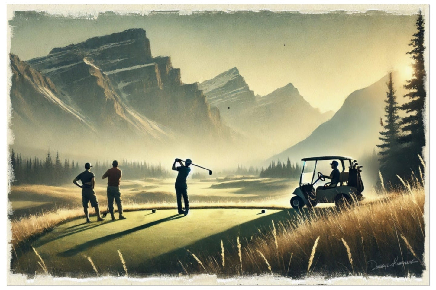Golfers on a course with mountains in the background