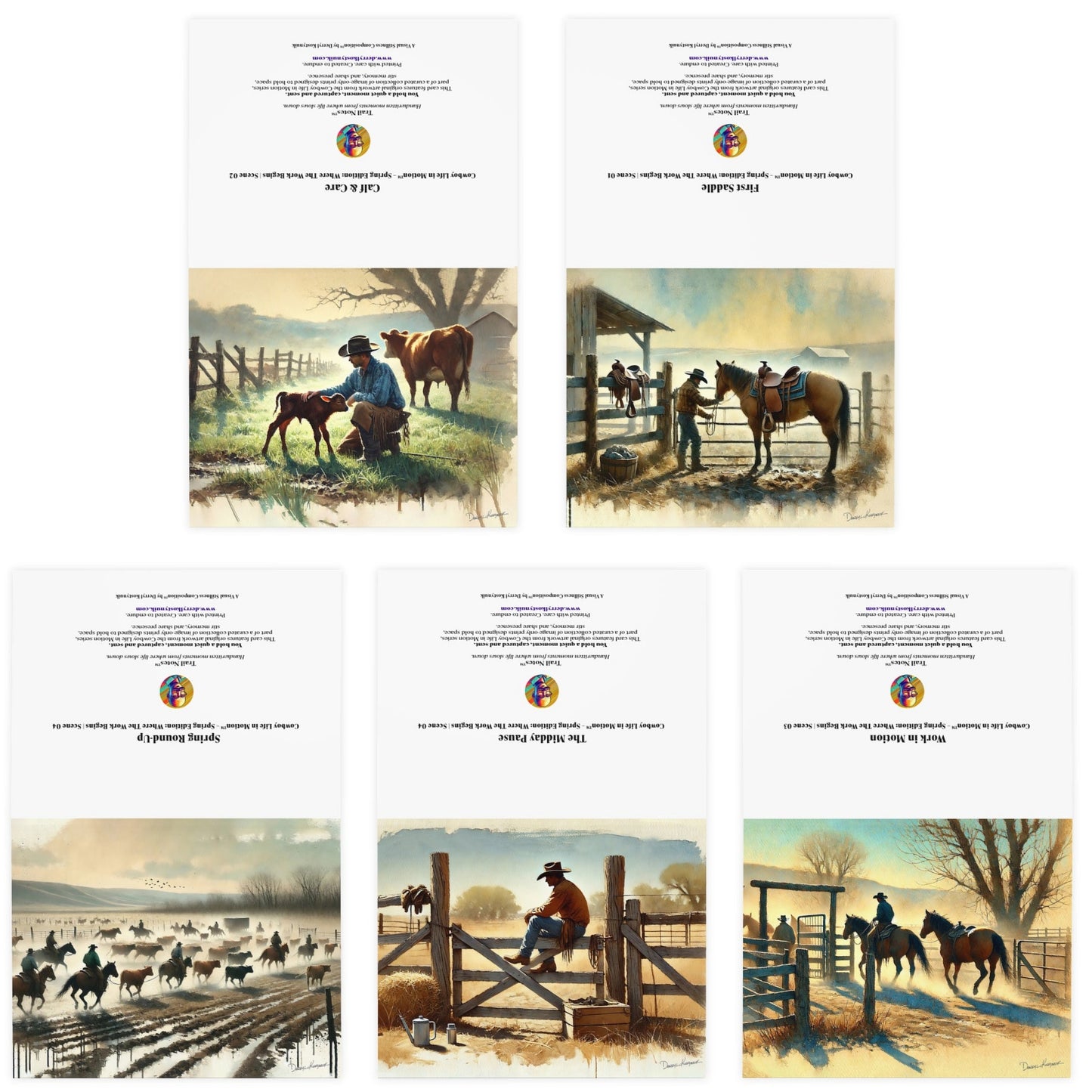 Set of five illustrations depicting a cowboy and his activities in a ranch setting.