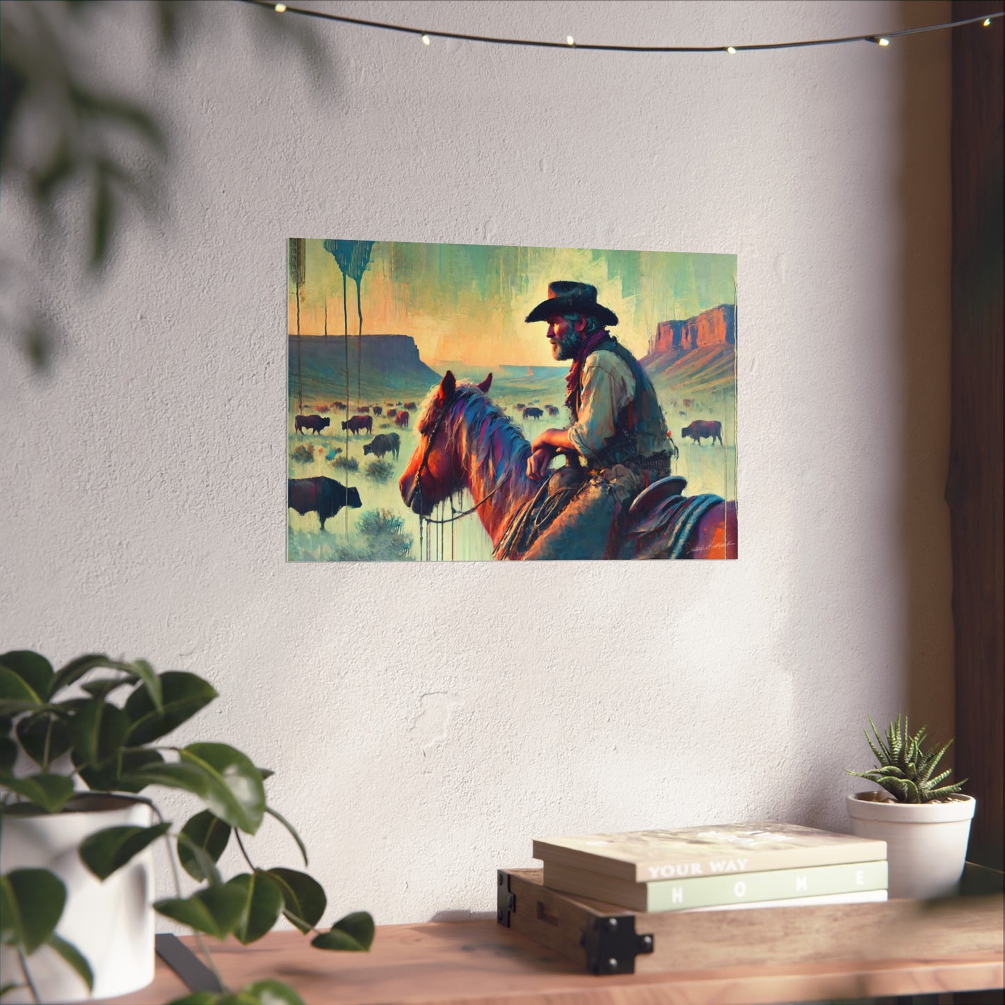 Colorful painting of a cowboy on a horse hanging on a wall above a desk with plants.