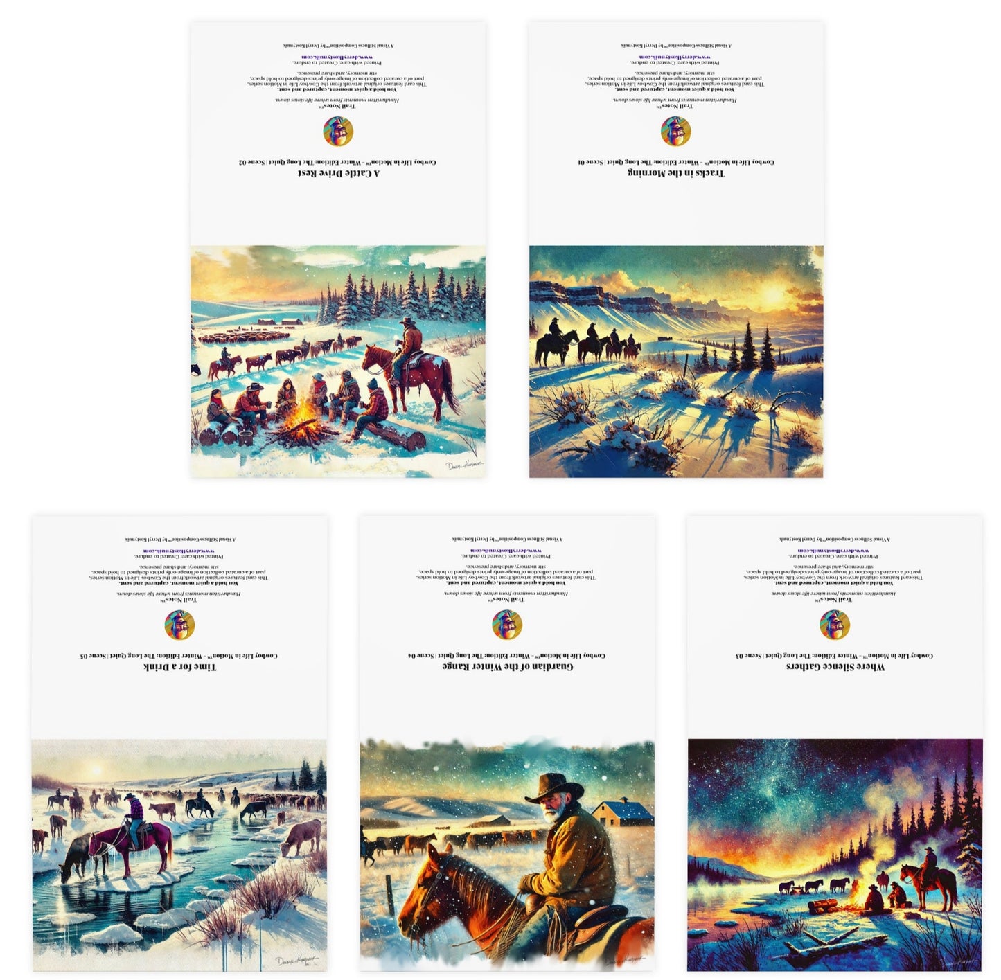 Set of five illustrations depicting winter scenes with people on horseback and snow-covered landscapes.