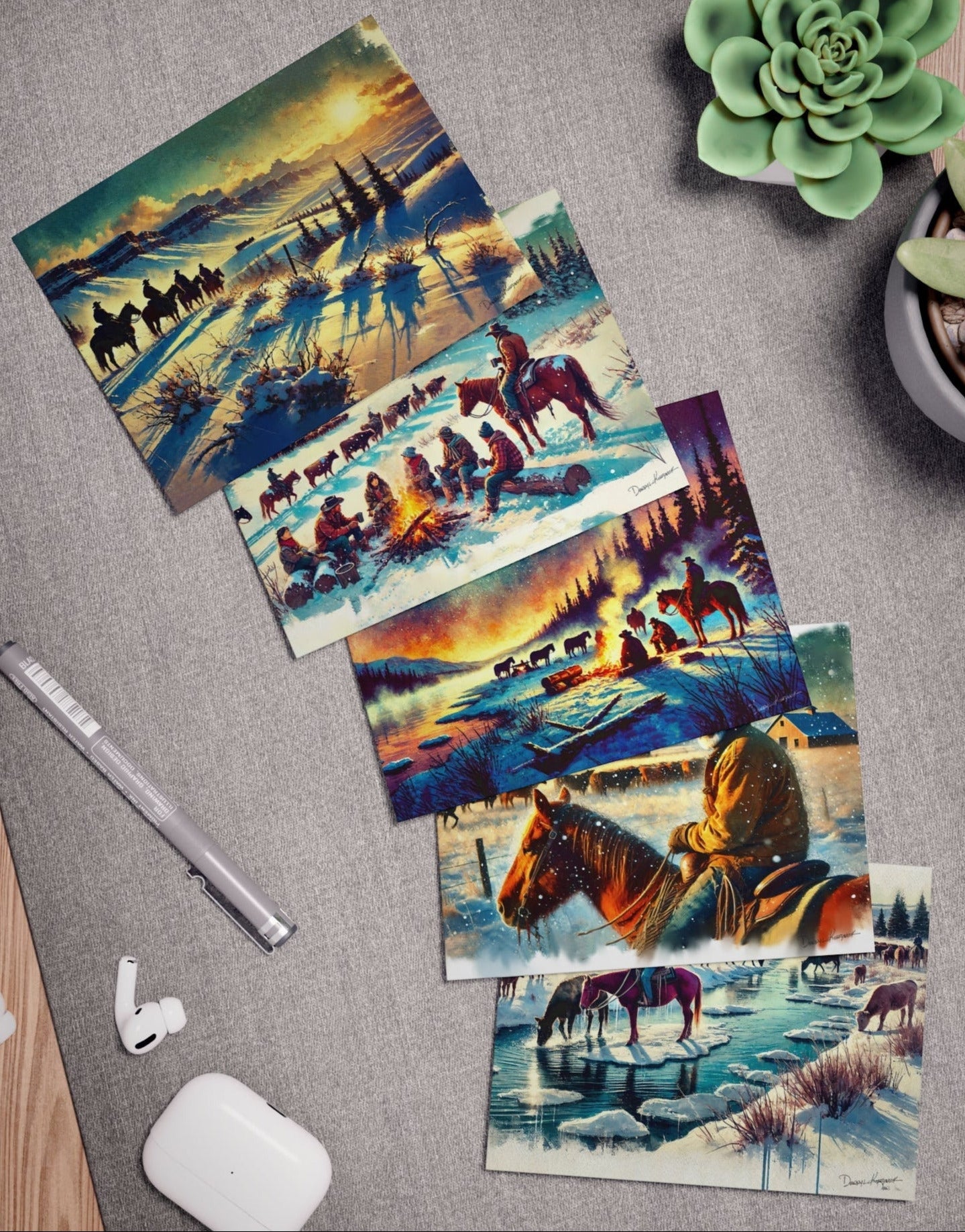 Set of postcards with horse-themed artwork on a desk with office supplies and plants.