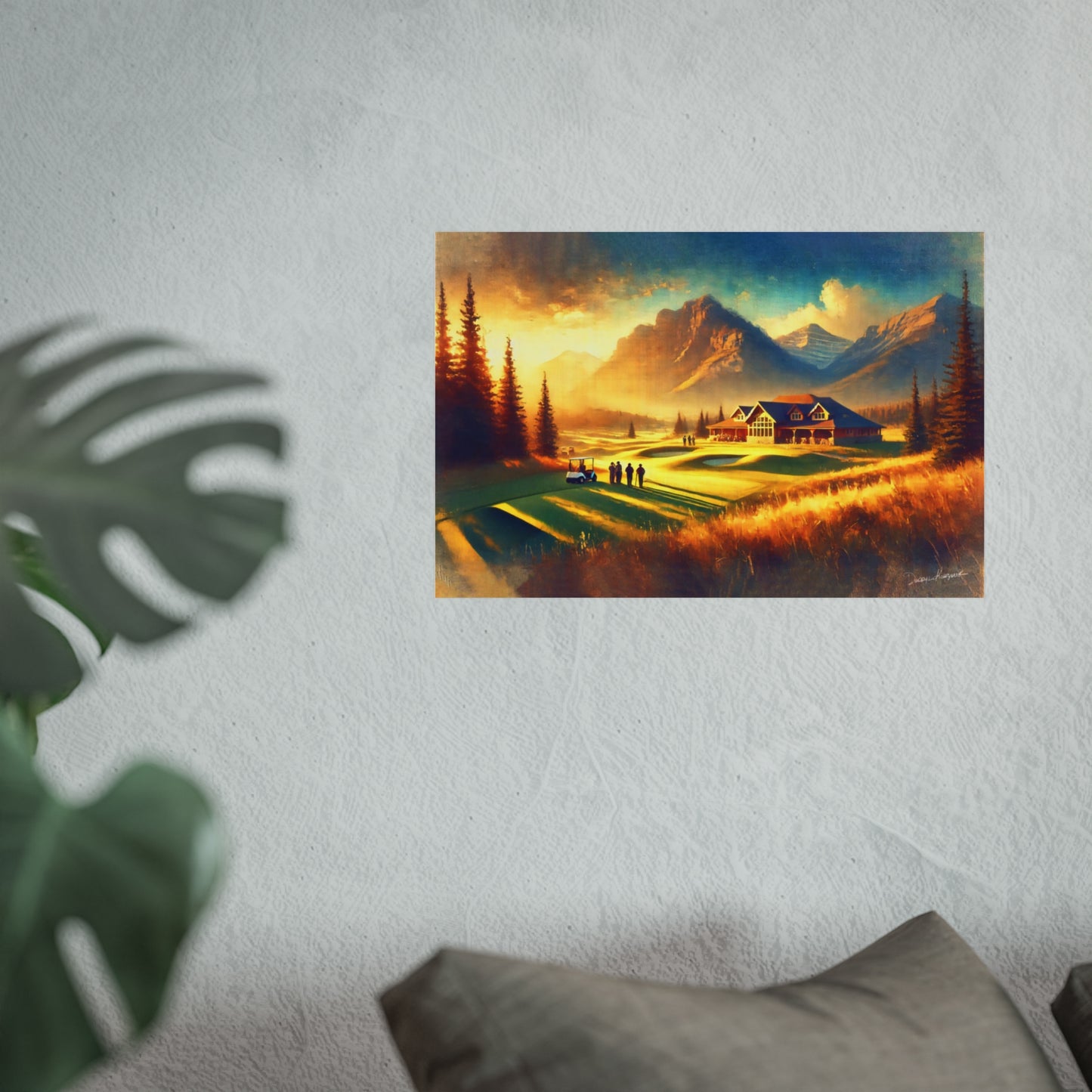 Fine art print of a mountain landscape with a house and trees on a white wall.