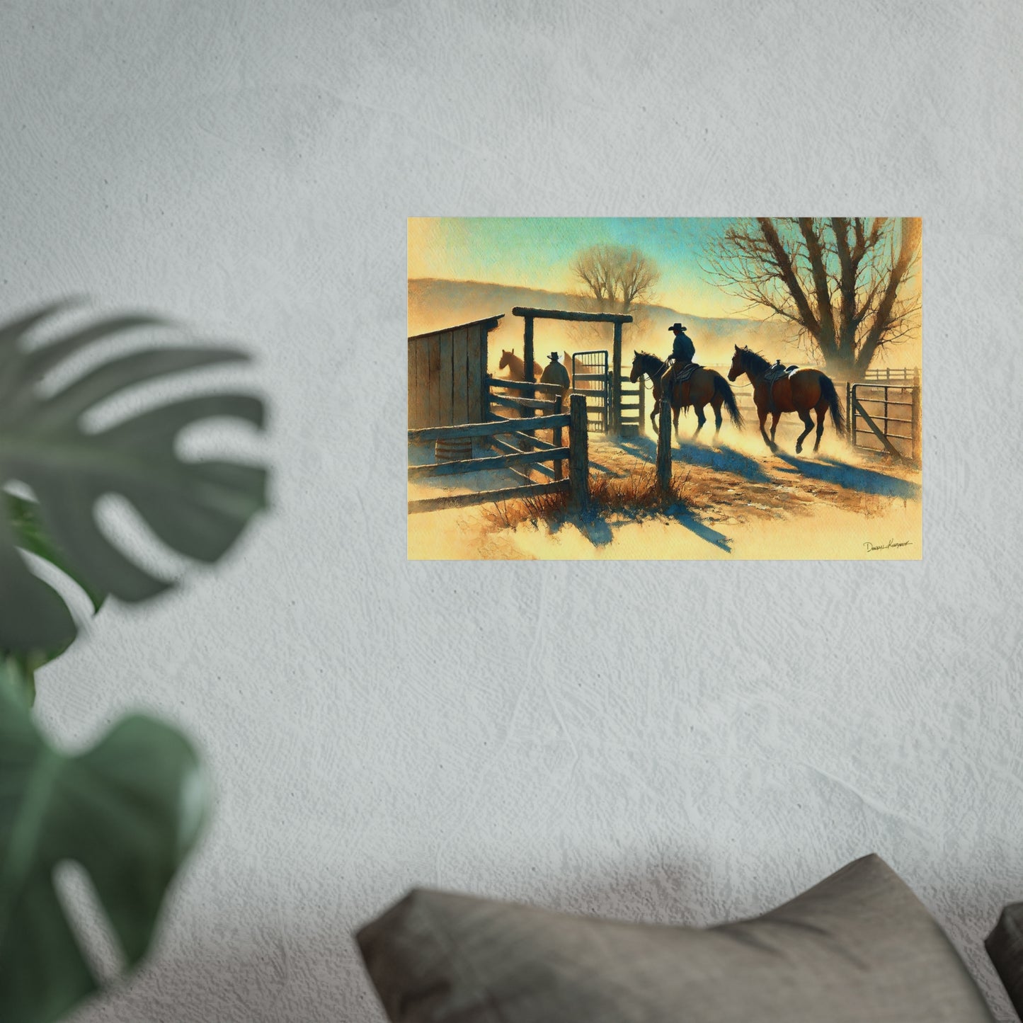 Painting of a cowboy with horses near a wooden gate on a wall.
