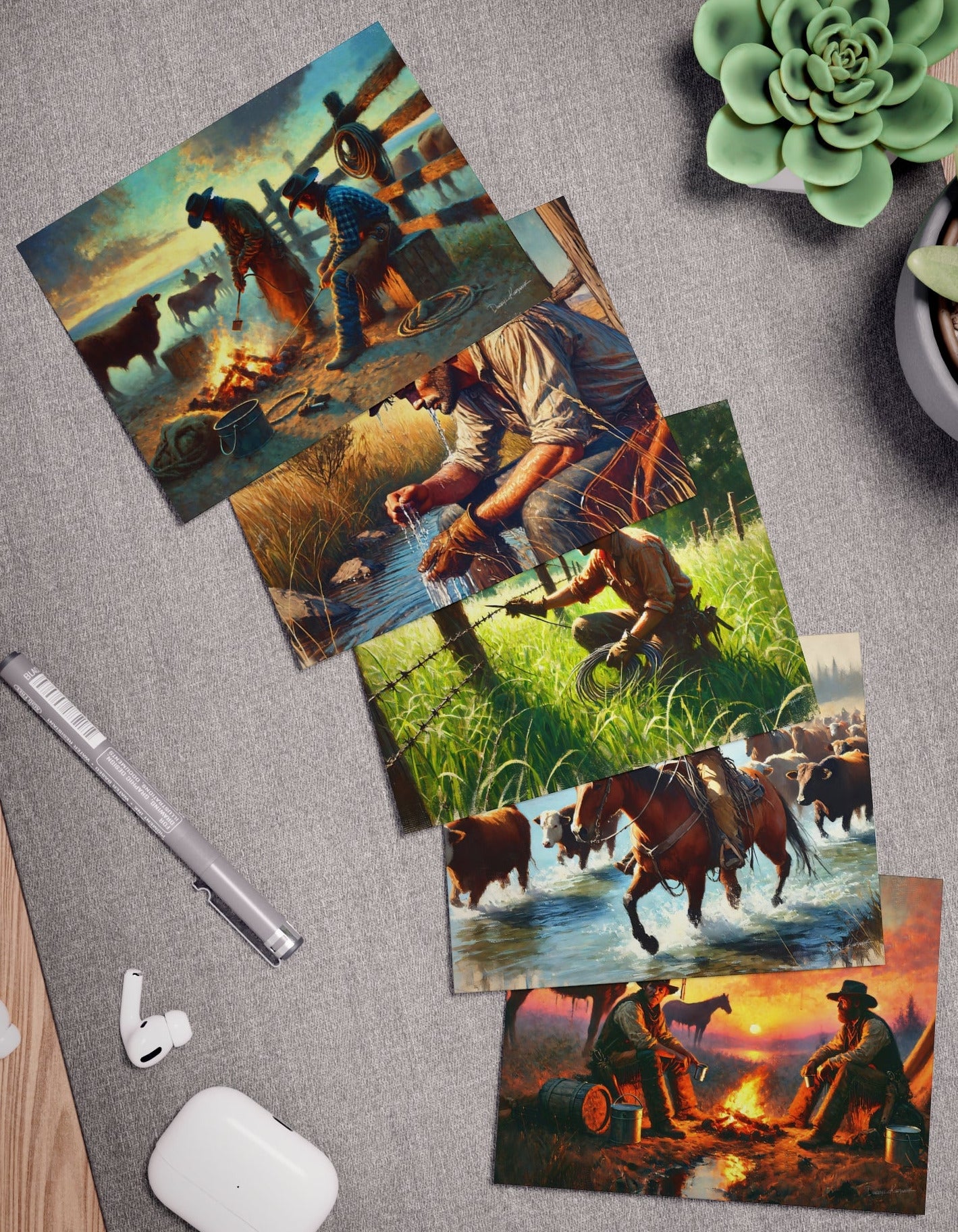 Five cowboy-themed postcards on a desk with a plant and office items.