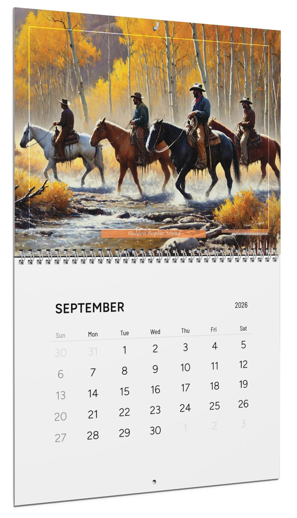 Calendar with a painting of people on horseback in a forest, displayed for September 2021.