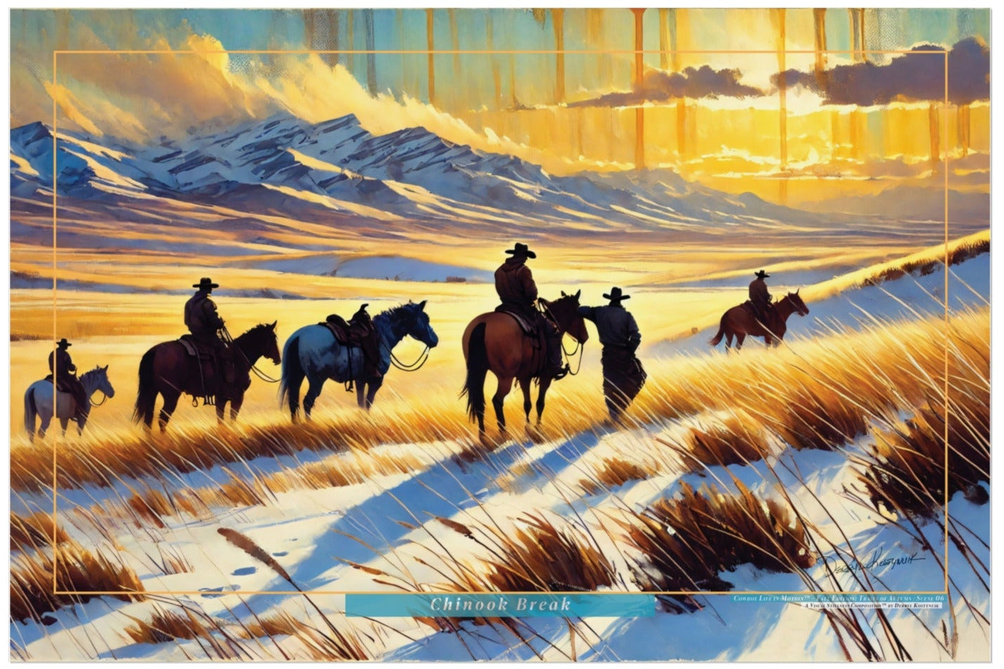 Painting of cowboys on horses with a mountainous landscape at sunset.