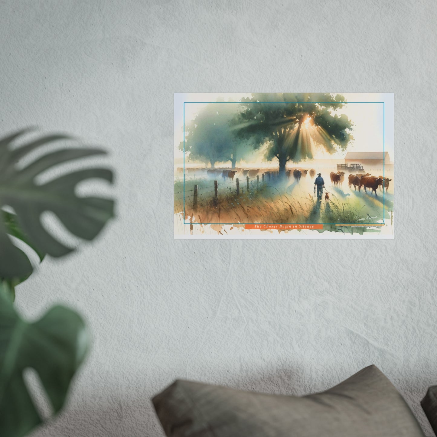 Poster of a scenic landscape with a tree and farmer with dog, with a plant and pillow in the foreground.