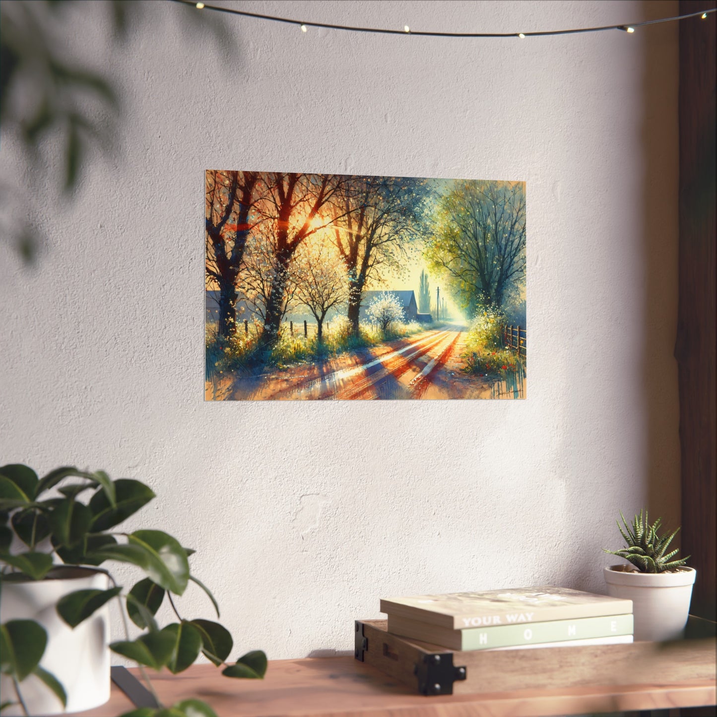 Scenic wall art of a forest path with sunlight on a white wall above a desk.