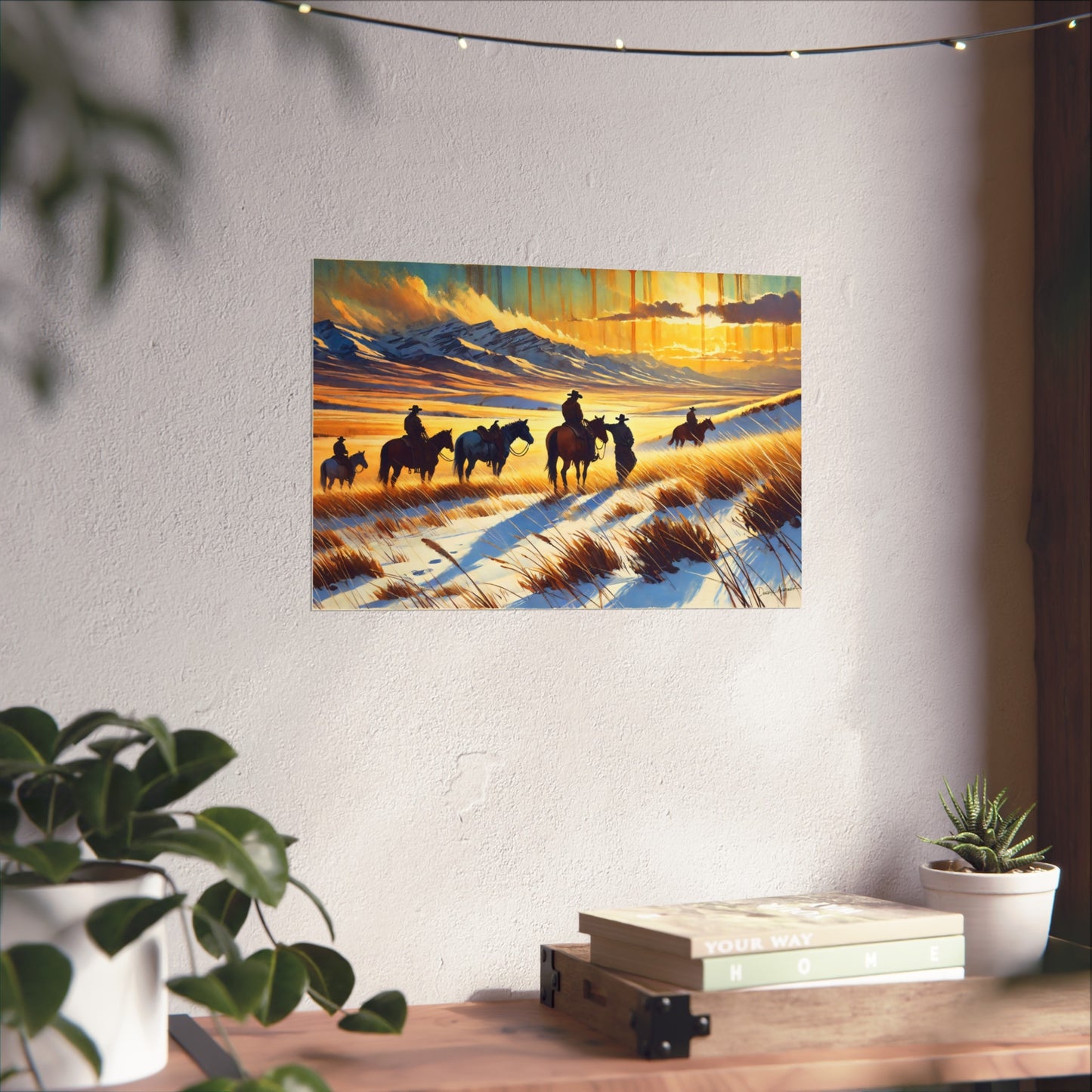 Western scene painting on a wall with decorative elements below