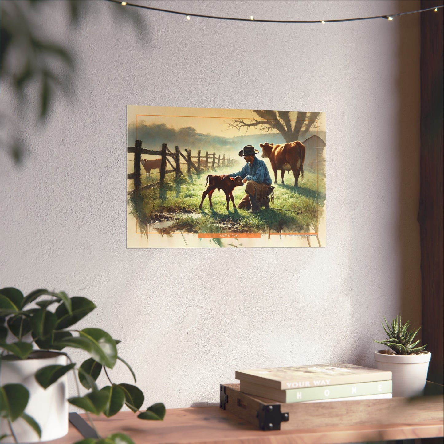 Poster of a pastoral scene with a cowboy, calf, and cows on a wall above a desk with plants.