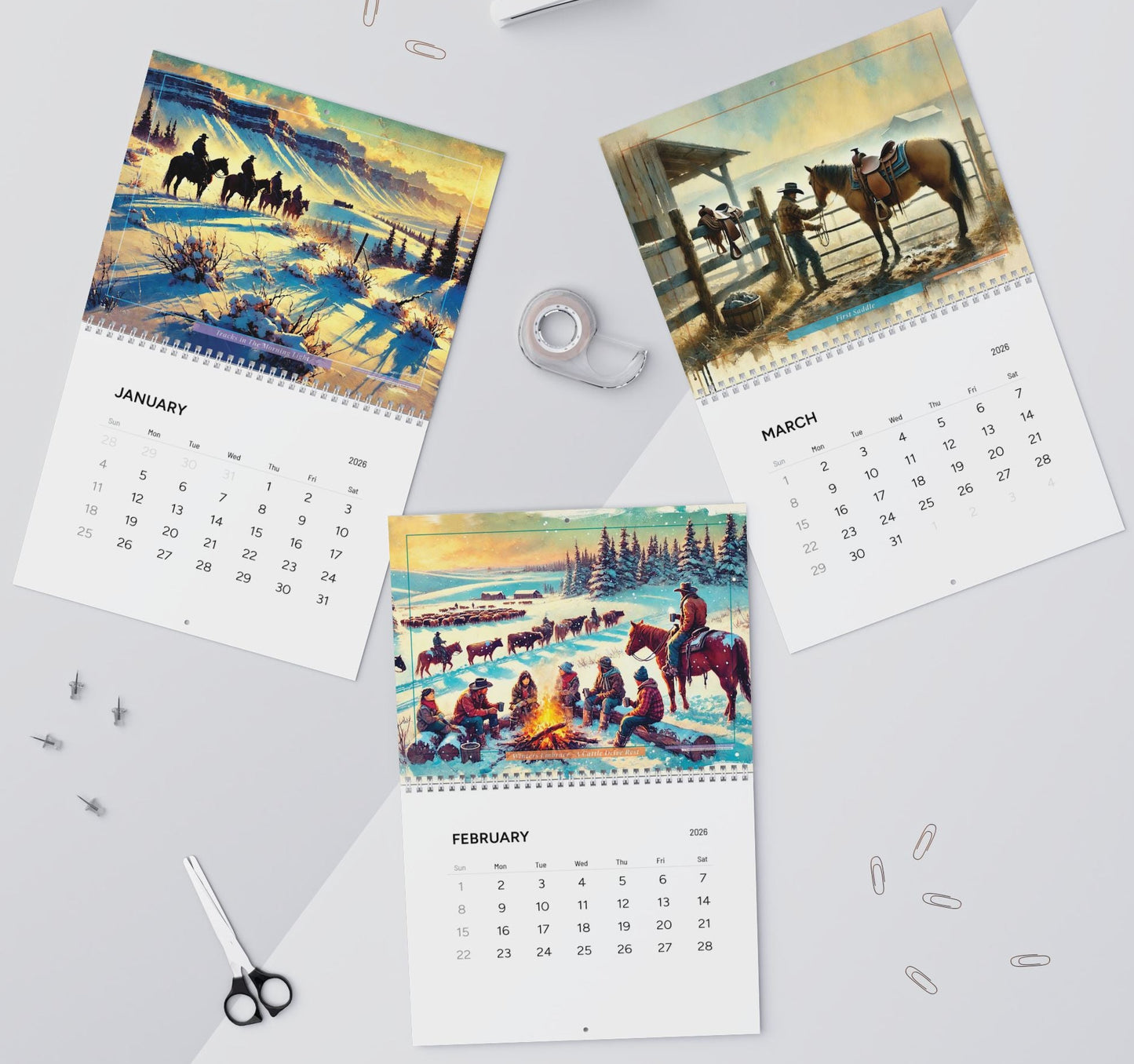Calendar with horse-themed artwork on a light gray surface