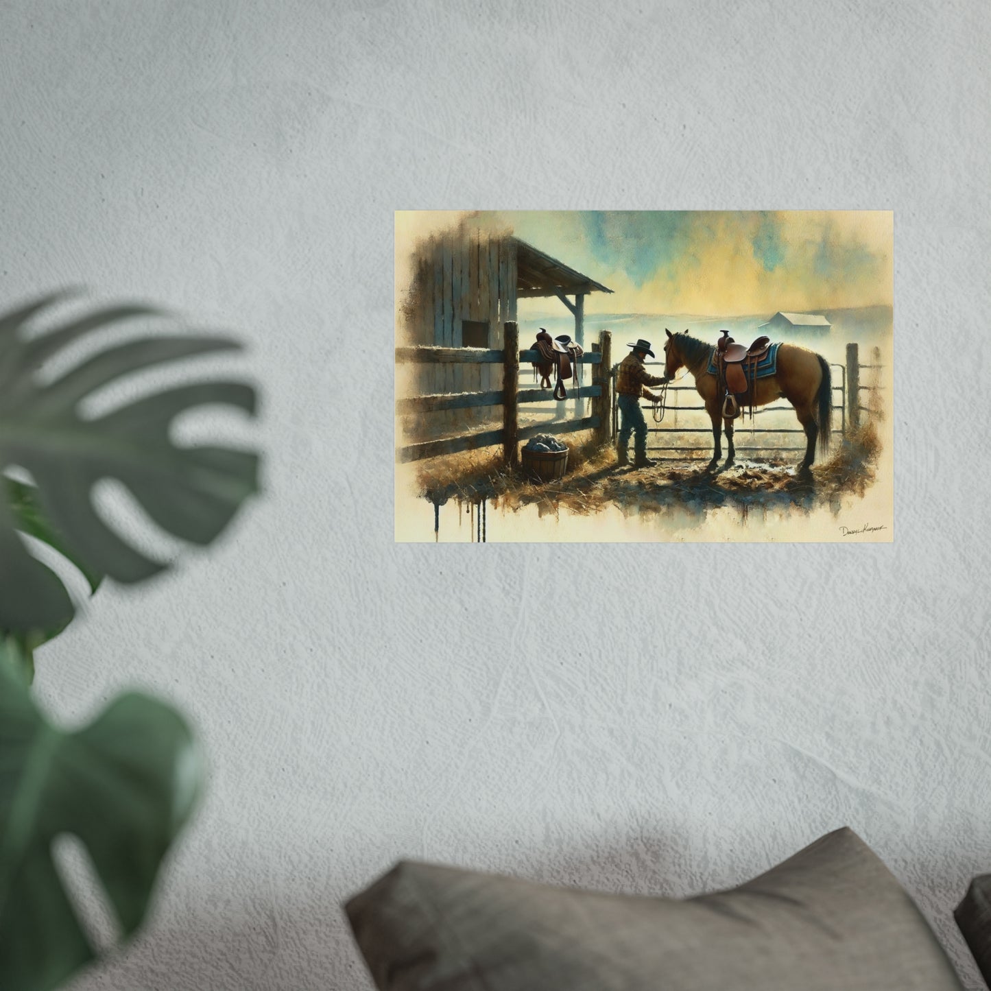 Painting of cowboys with horses on a fence, displayed on a wall.