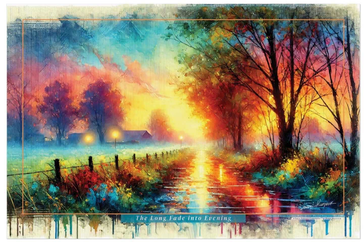Colorful landscape painting of a sunset over a field with trees and a fence.