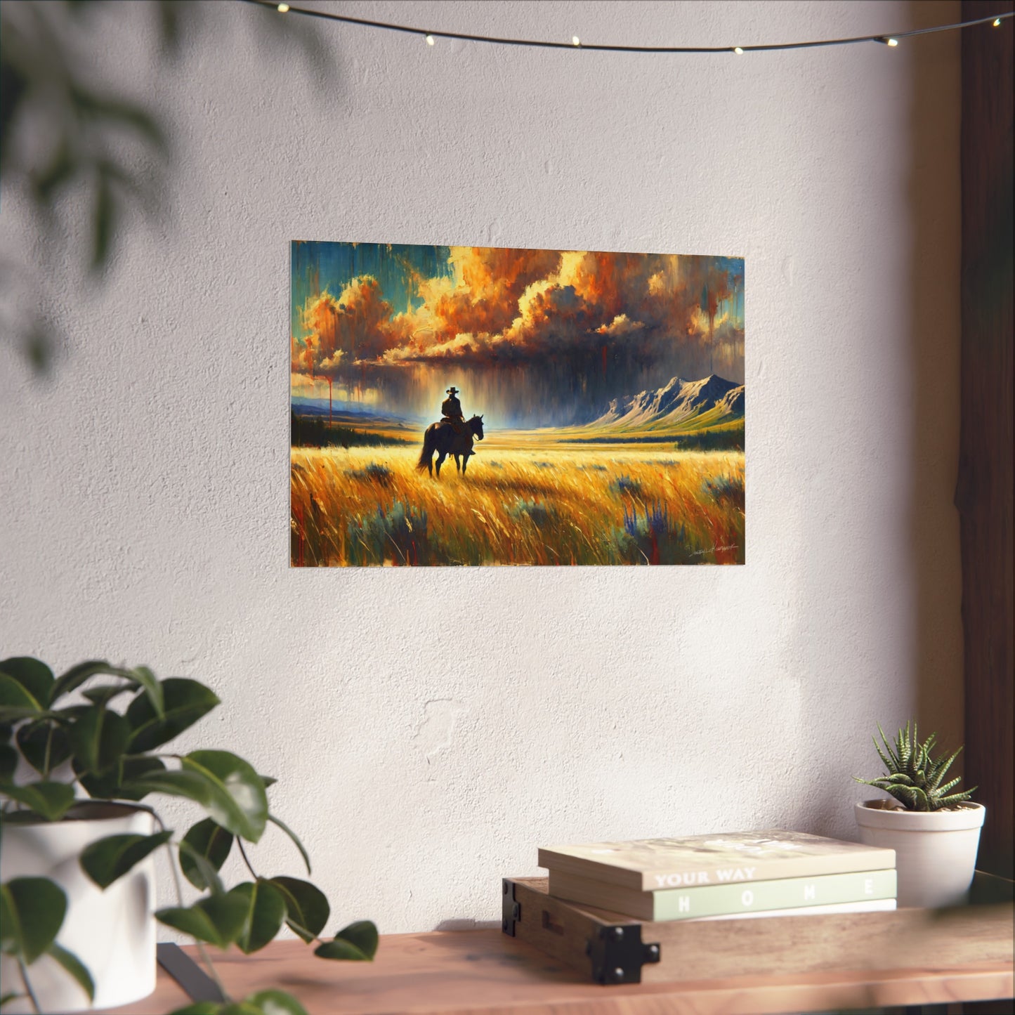 Painting of a cowboy on horseback in a field with mountains and clouds, hanging on a wall above a desk.