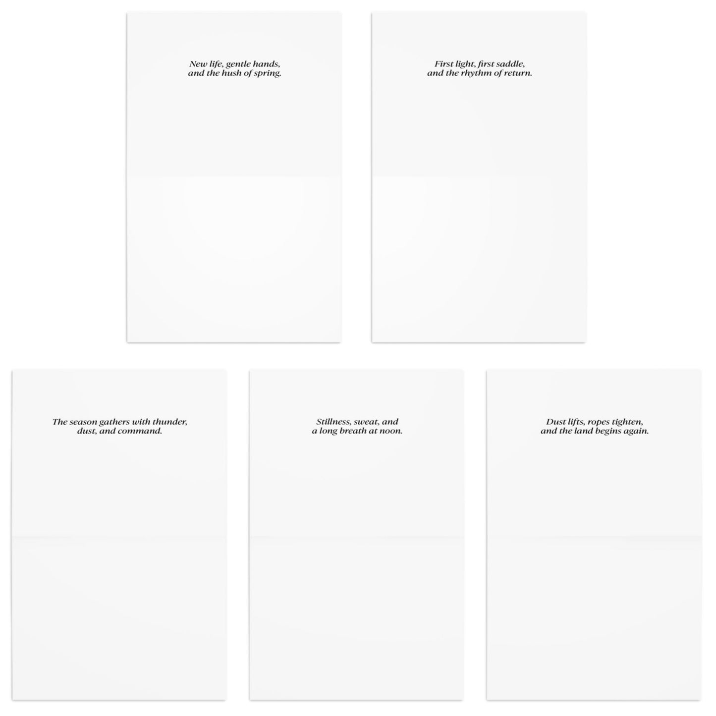 Five white cards with black text on a white background