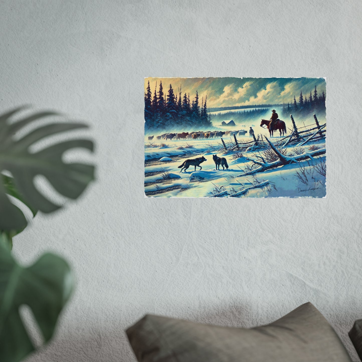 Winter landscape painting with a horse and cowboy on a snowy path, displayed on a wall.