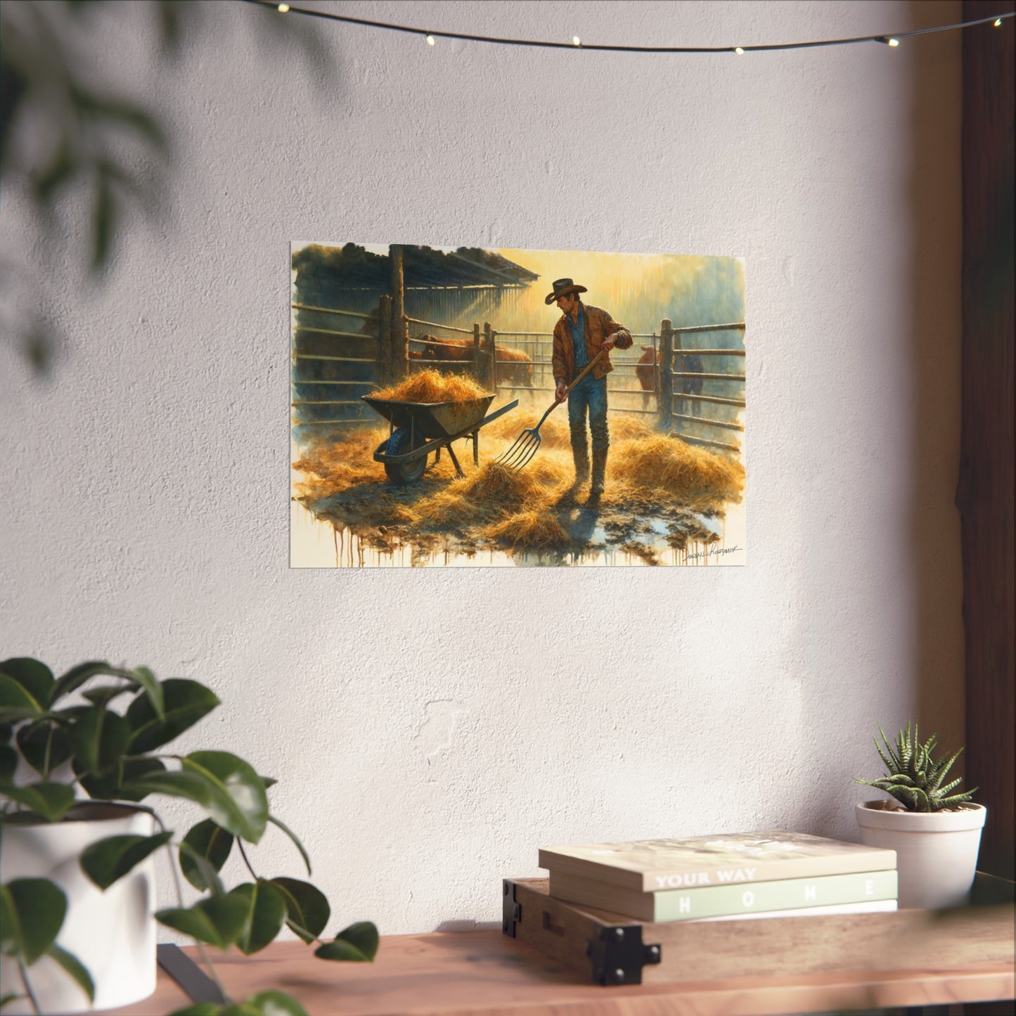 Poster of a cowboy with a wheelbarrow on a wall above a desk with plants.