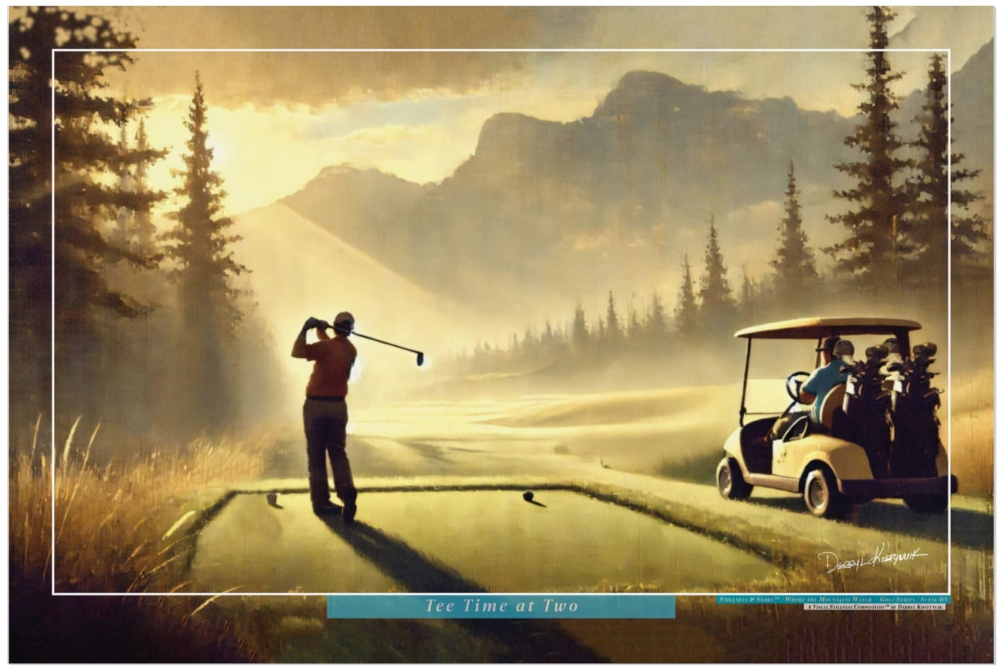 Golf scene with a player and cart on a golf course with mountains in the background