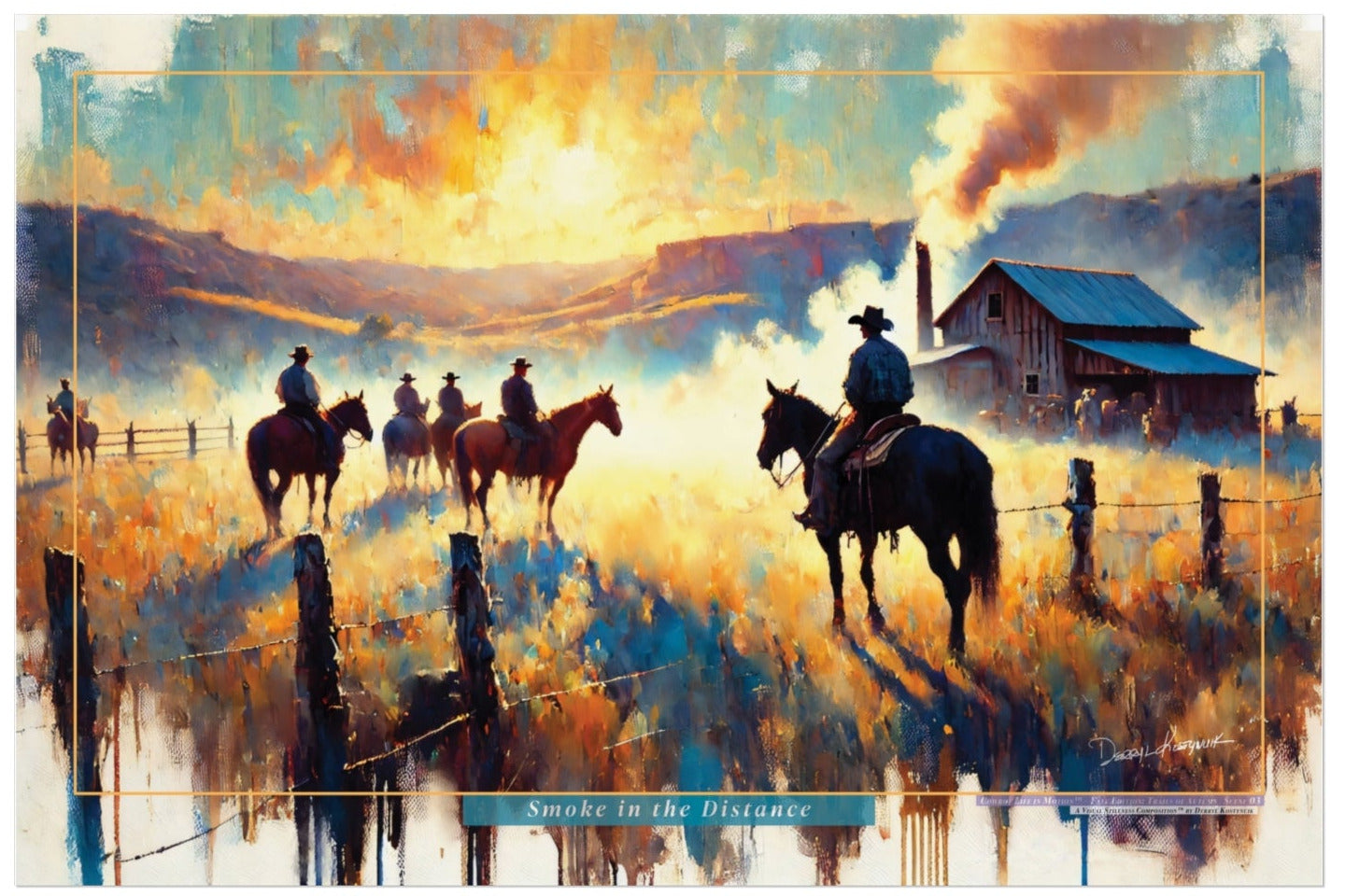 Painting of cowboys on horseback with a sunset and barn in the background