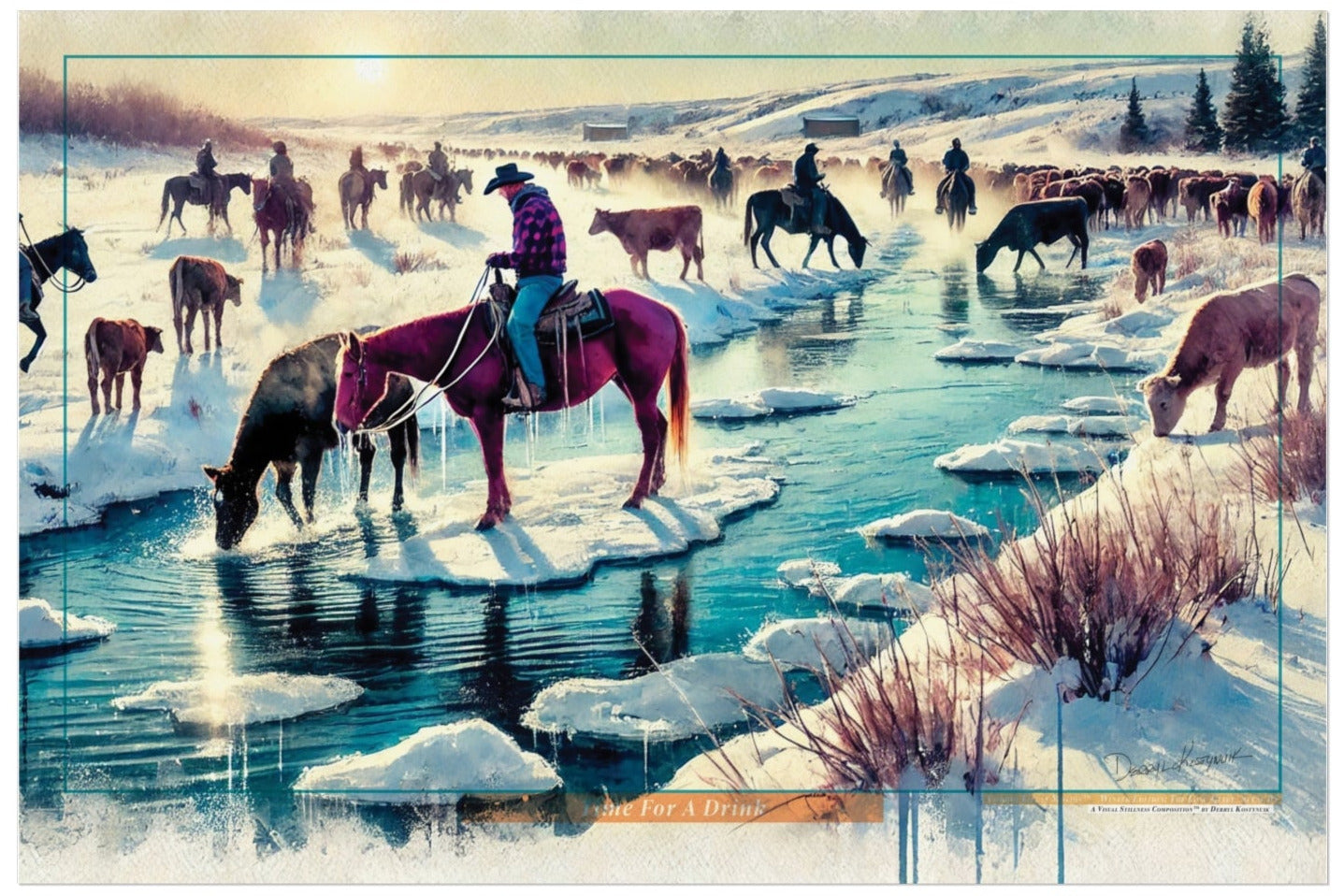 Winter scene with cowboyson horseback and animals near a frozen lake.