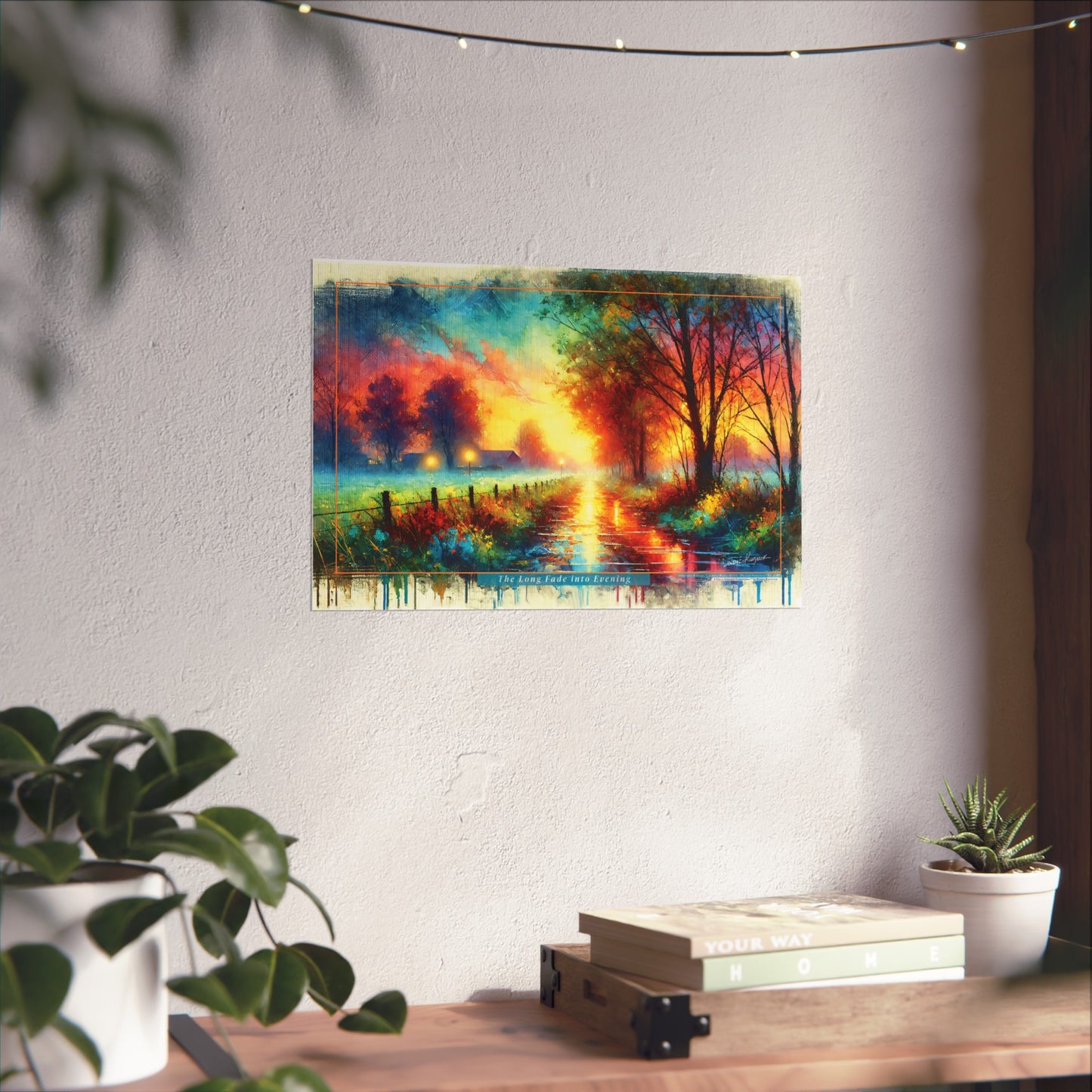 Colorful abstract landscape painting on a wall with plants and books in the foreground.