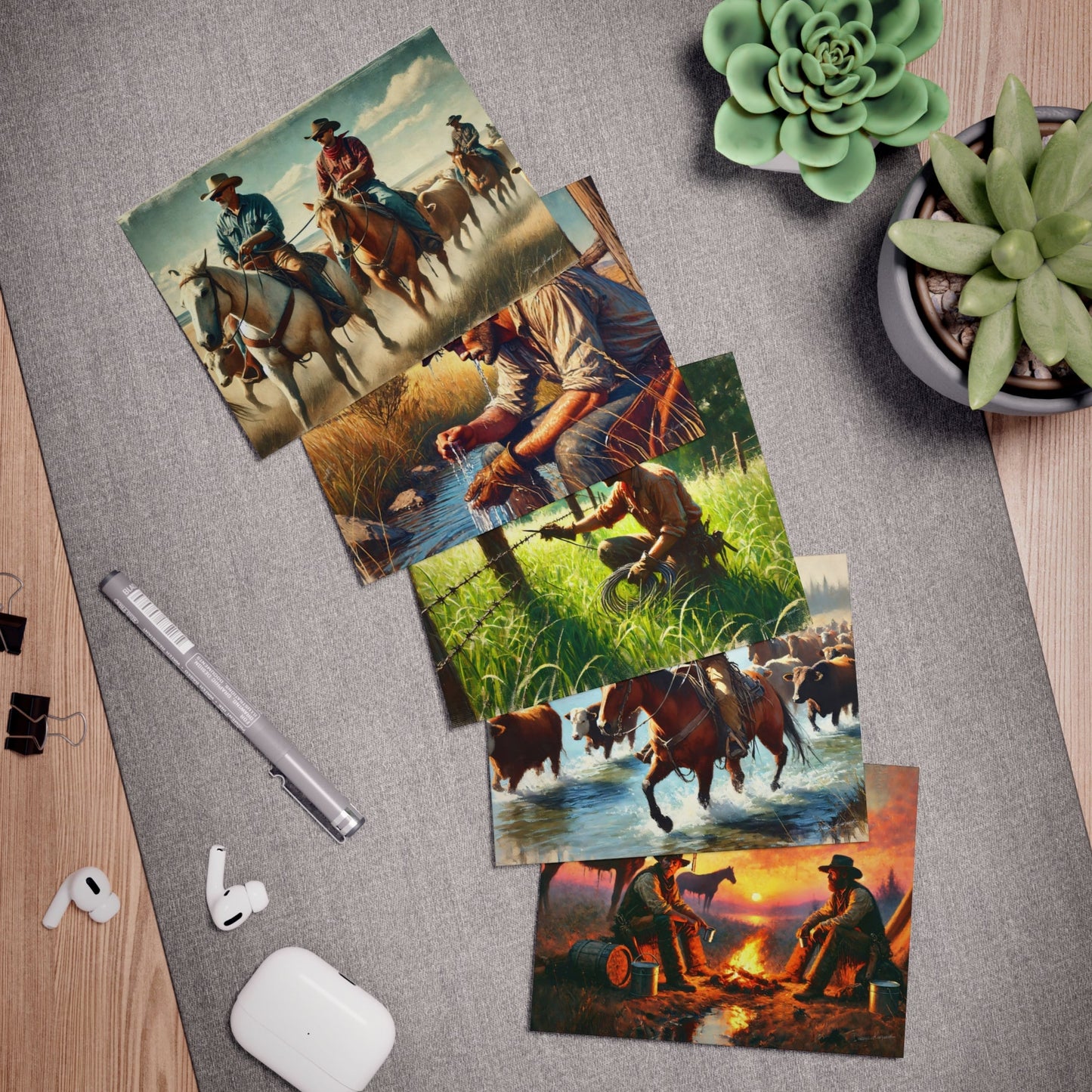 Puzzle pieces with cowboy scenes on a gray surface with a plant and office items.