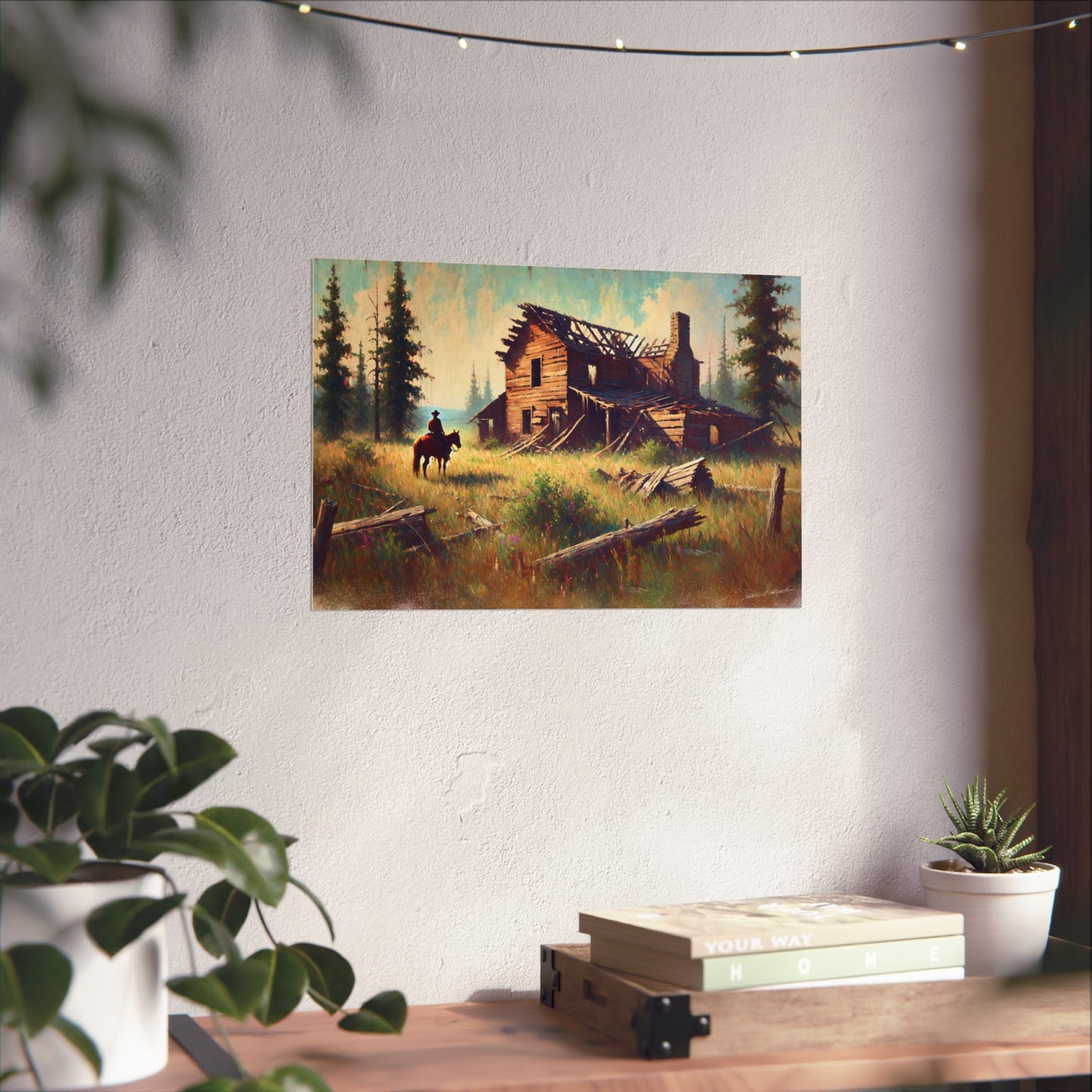 Painting of a rustic scene with a horse and cowboy on a wall above a desk.