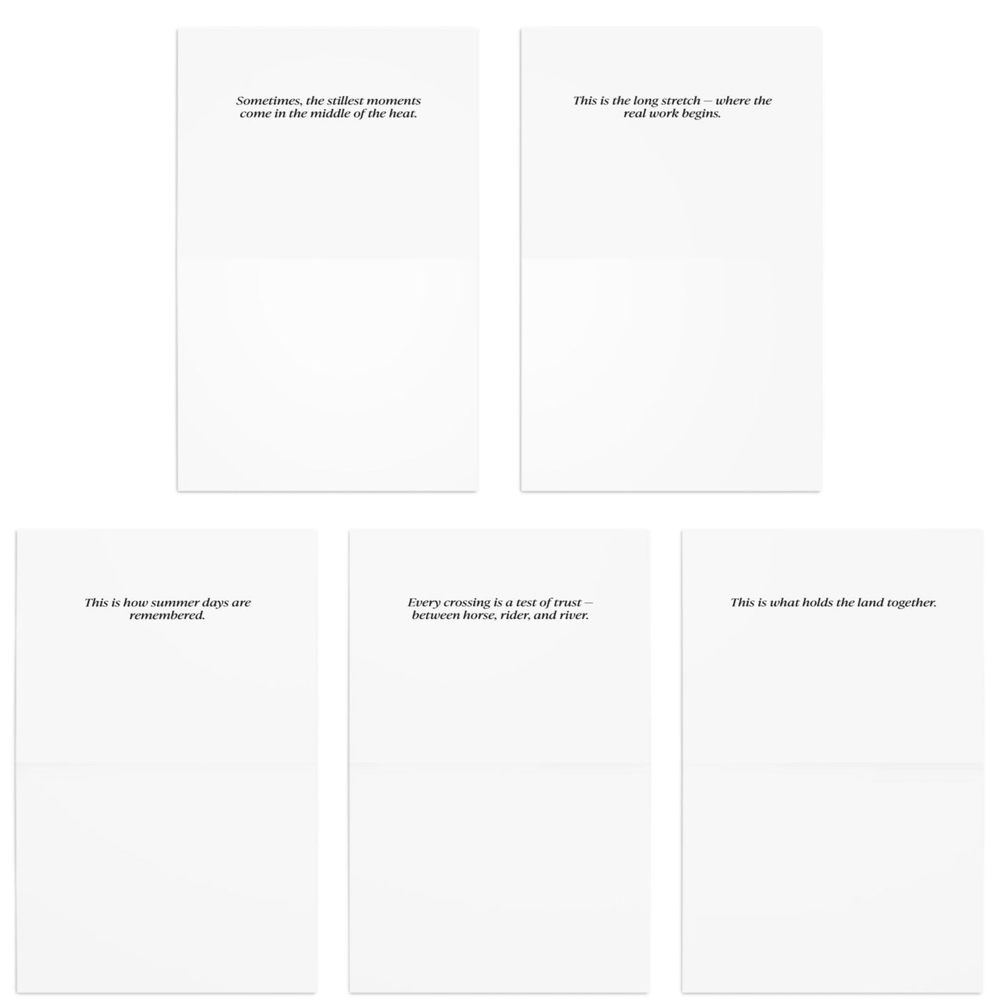 Set of five white cards with black text on a white background