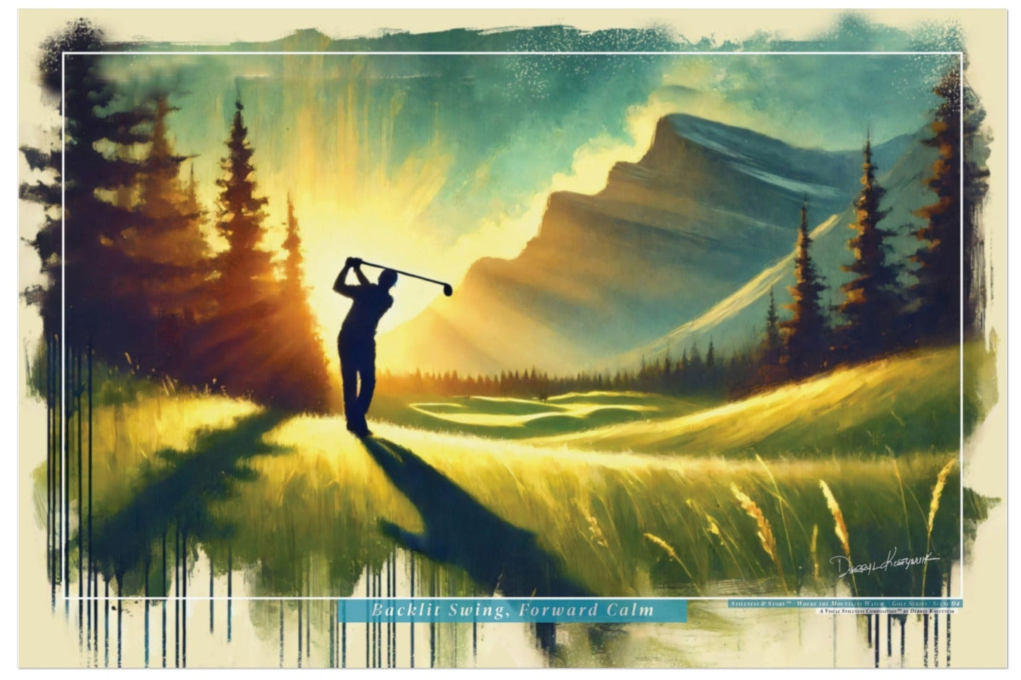 Golfing scene with a golfer on a golf course with mountains and trees in the background