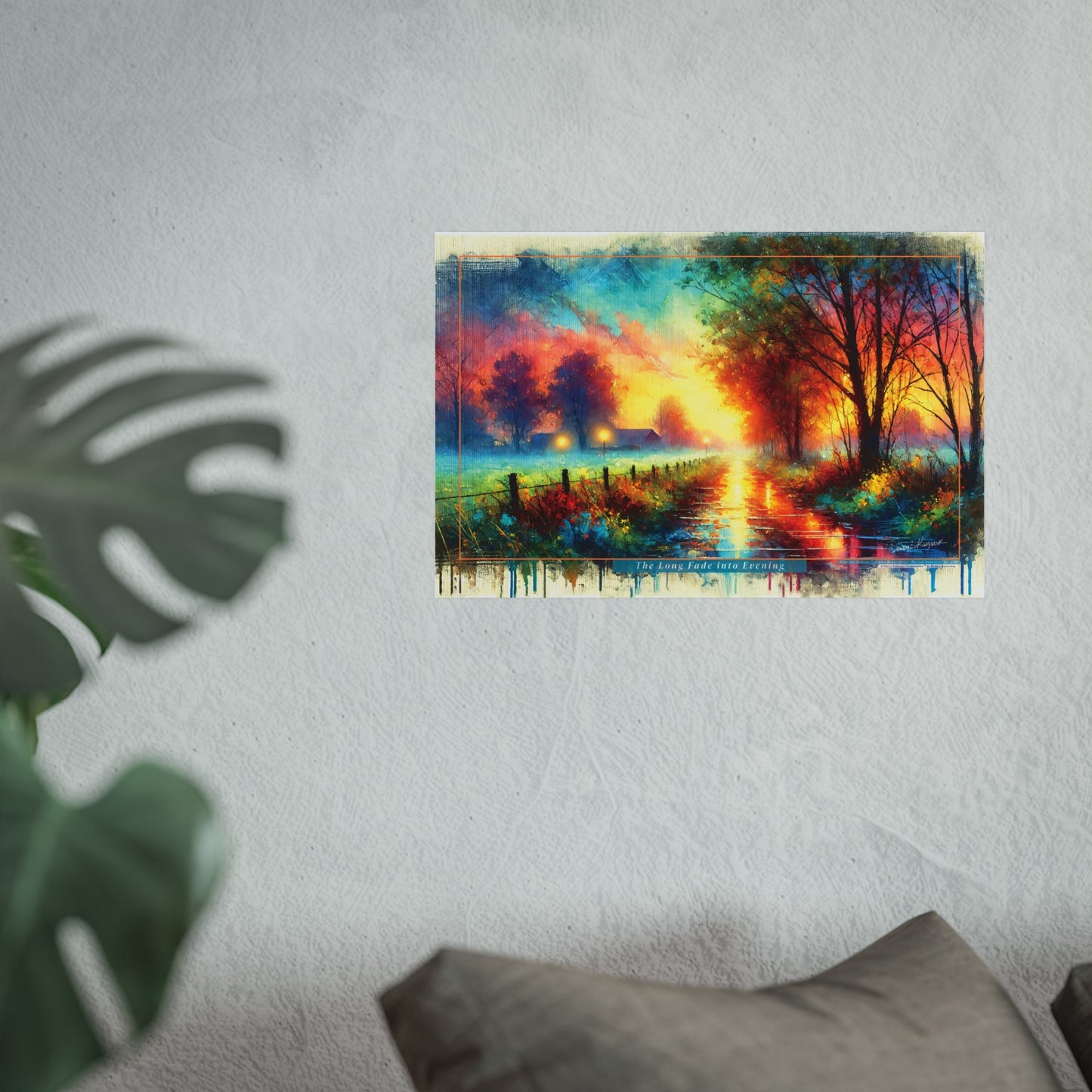 Colorful landscape painting on a wall with a plant and pillow in the foreground.