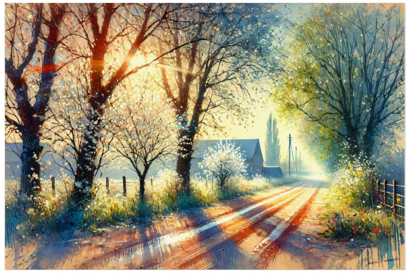 Sunlit rural scene with trees and a path leading to a house