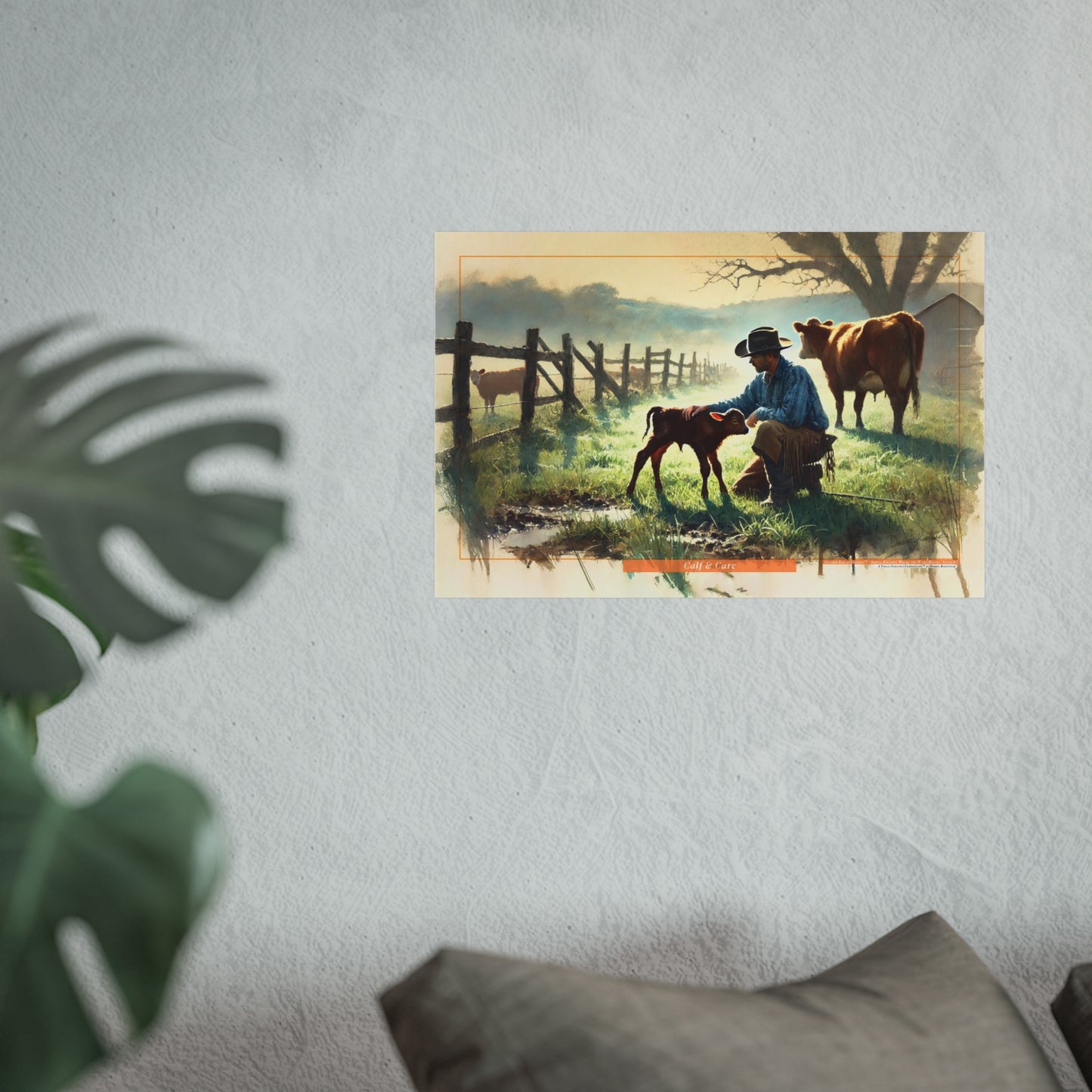 Poster of a cowboy with a cow and calf in a pastoral scene on a wall.