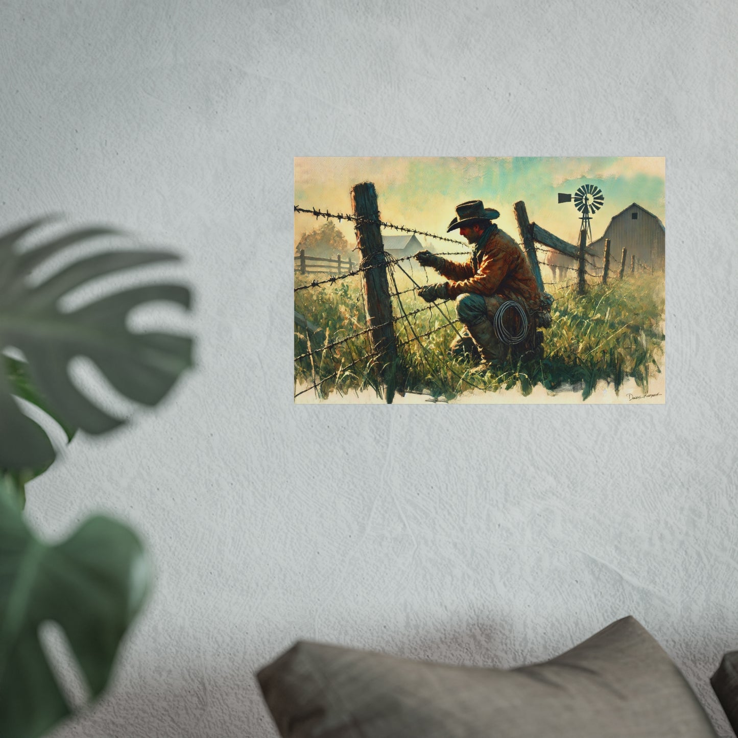 Artwork of a cowboy by a fence with a windmill on a wall.