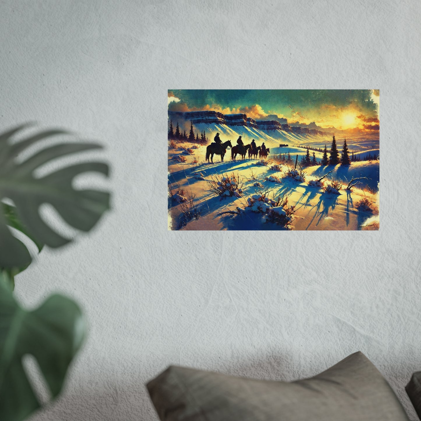 Painting of a snowy landscape with horses and cowboys, mounted on a wall.