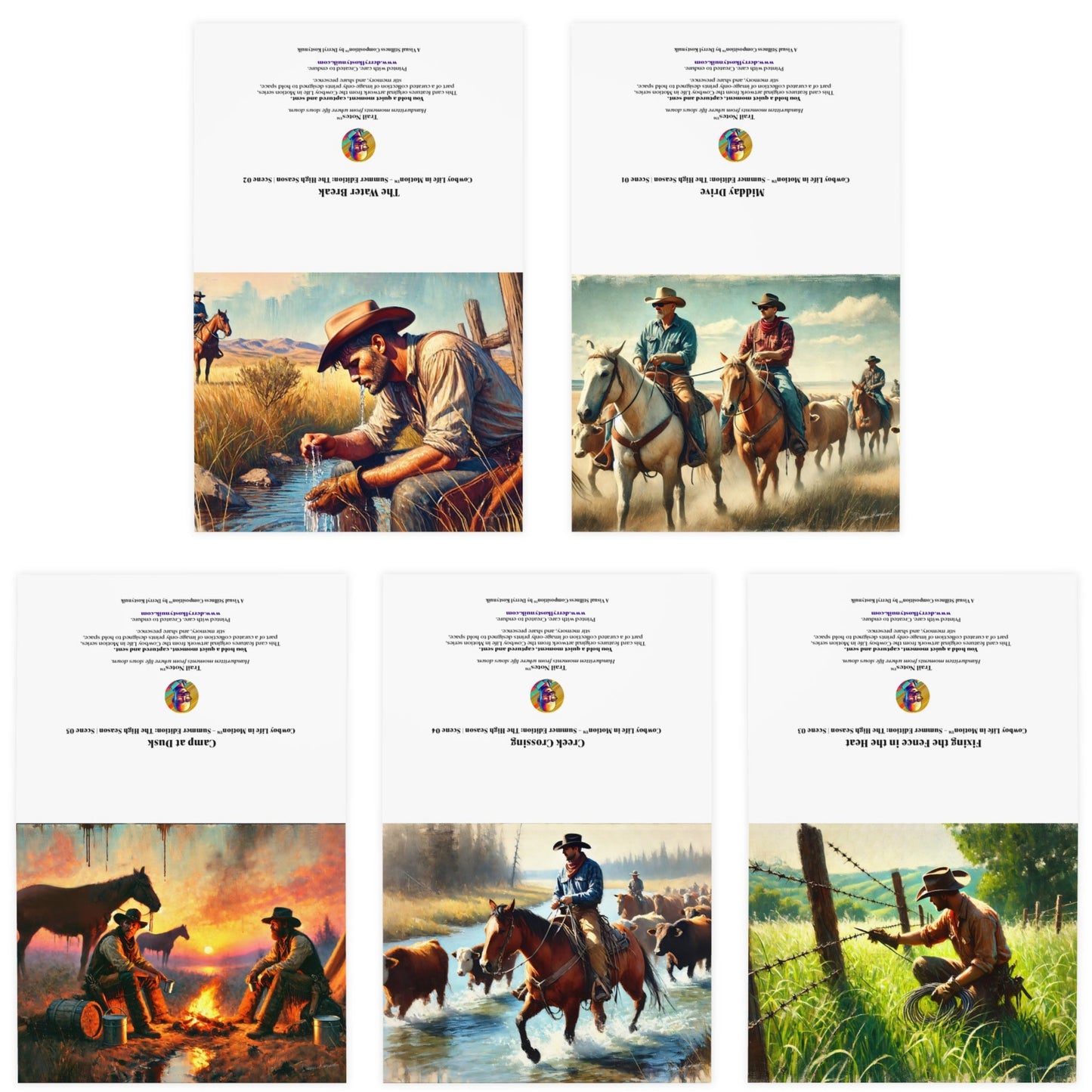 Set of five illustrations of cowboys in various activities with text overlay