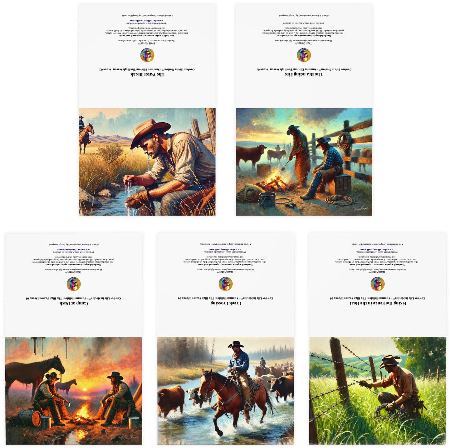 Set of five cards featuring images of people on horseback in various outdoor settings.
