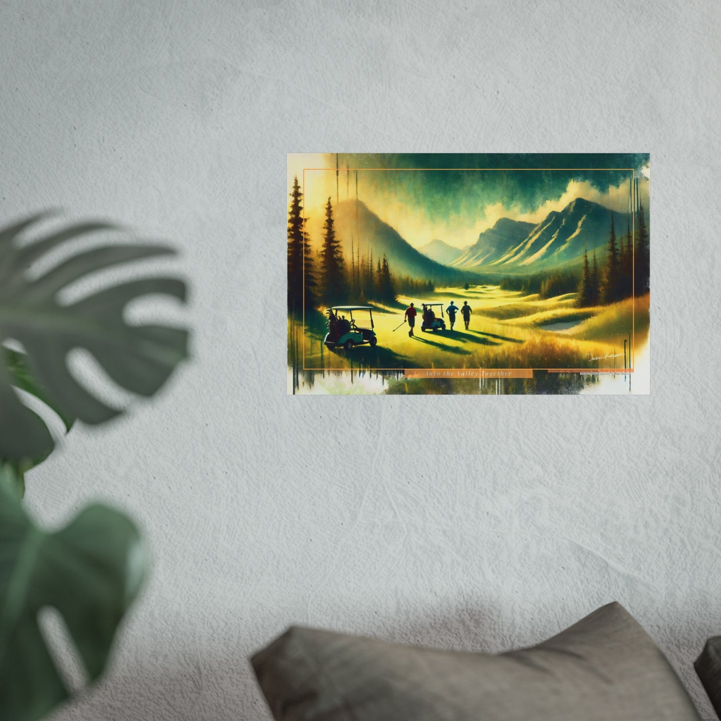 Poster of a mountain landscape with golfers in a course on a textured wall.