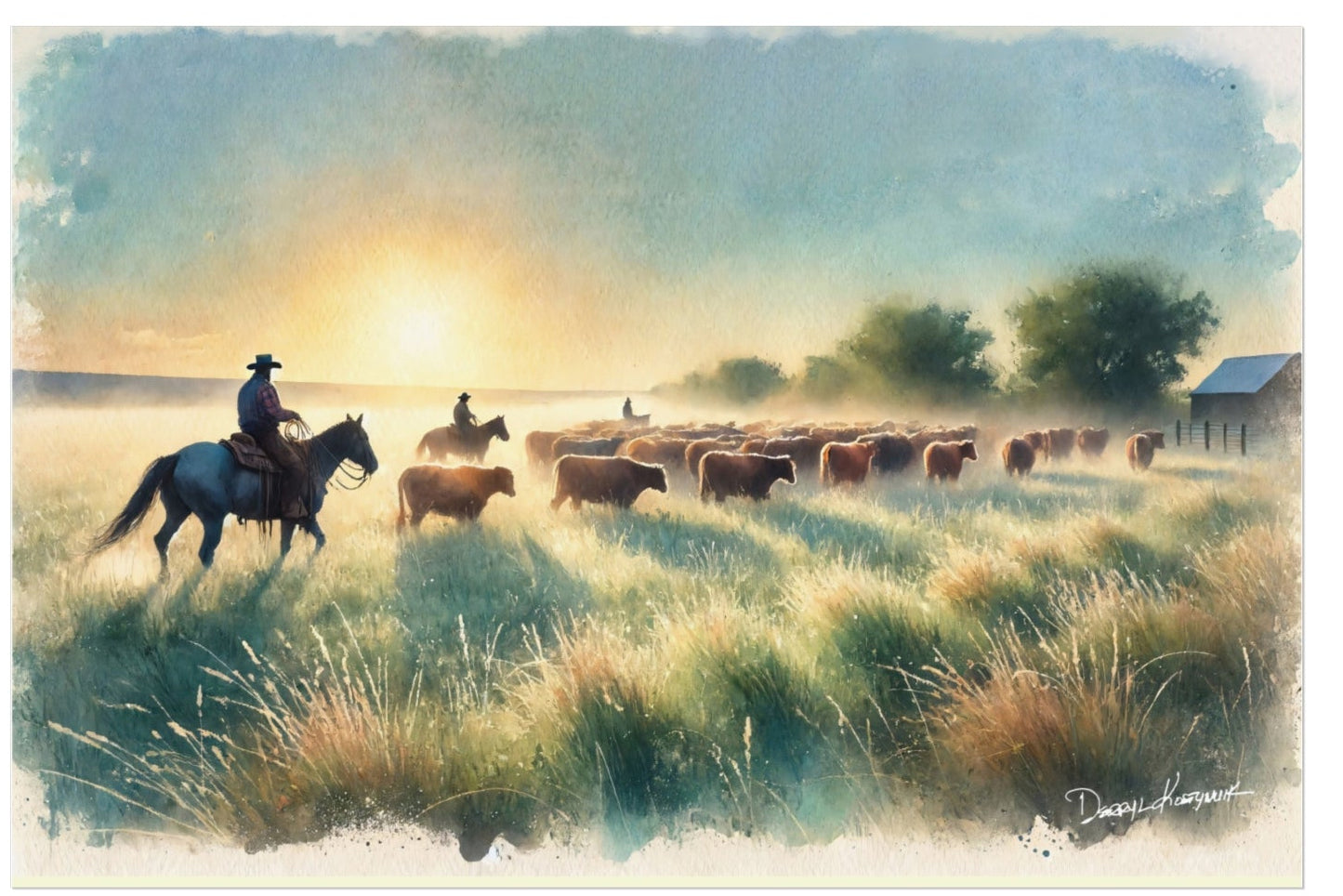 Painting of cowboys on horseback herding cattle with a sunset in the background.
