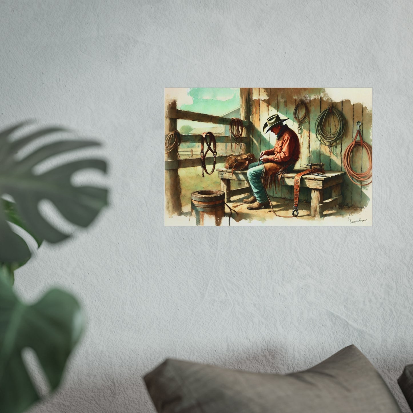 Painting of a cowboy sitting in a stable with tools and a plant in the foreground