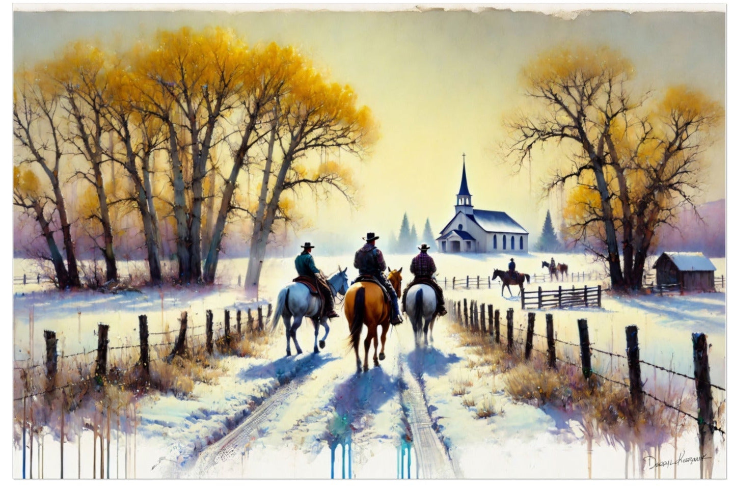 Painting of cowboys riding horses on a snowy path with trees and a church in the background.