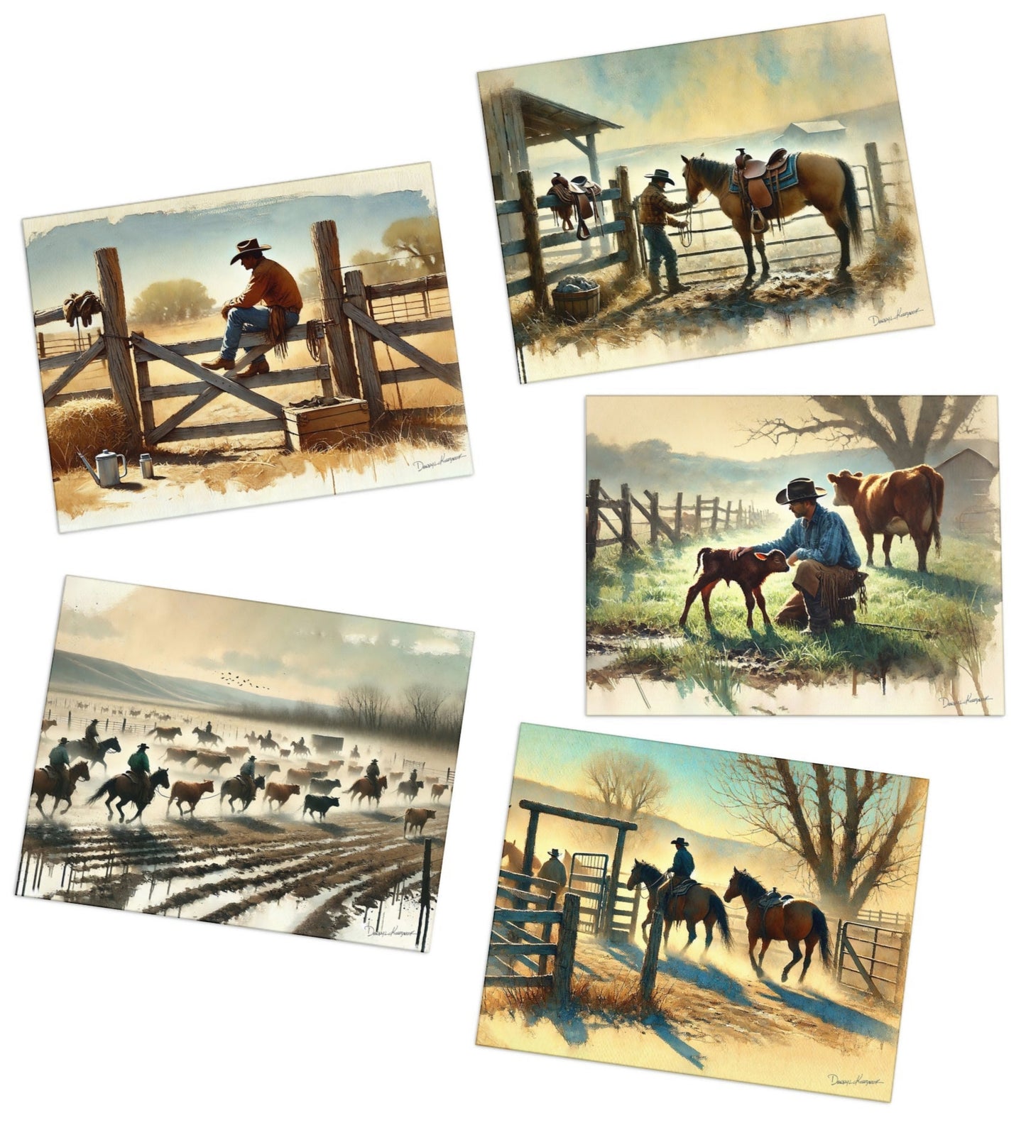 A set of five greeting cards featuring artwork related to cowboy life, including scenes with horses and a person in a cowboy hat.
