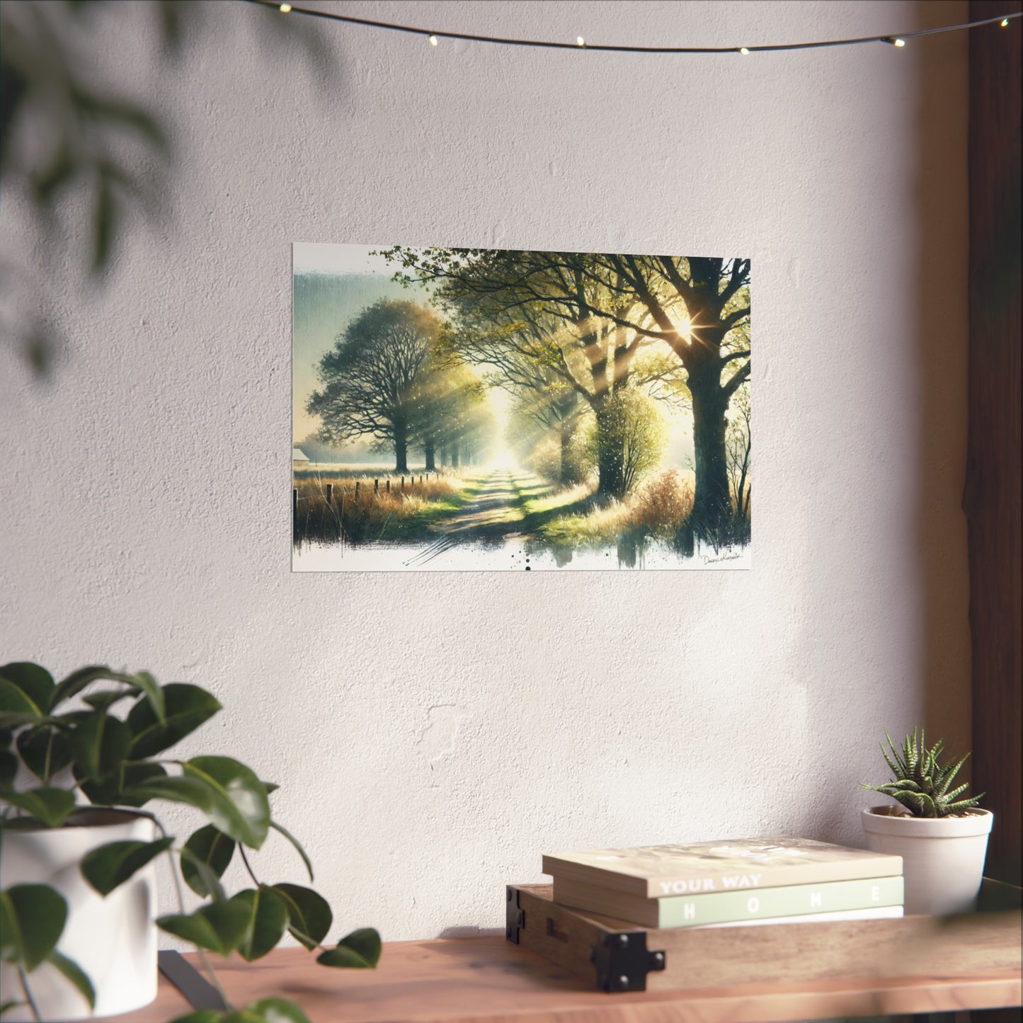 Scenic wall art of a sunlit country path on a white wall above a wooden desk with plants.