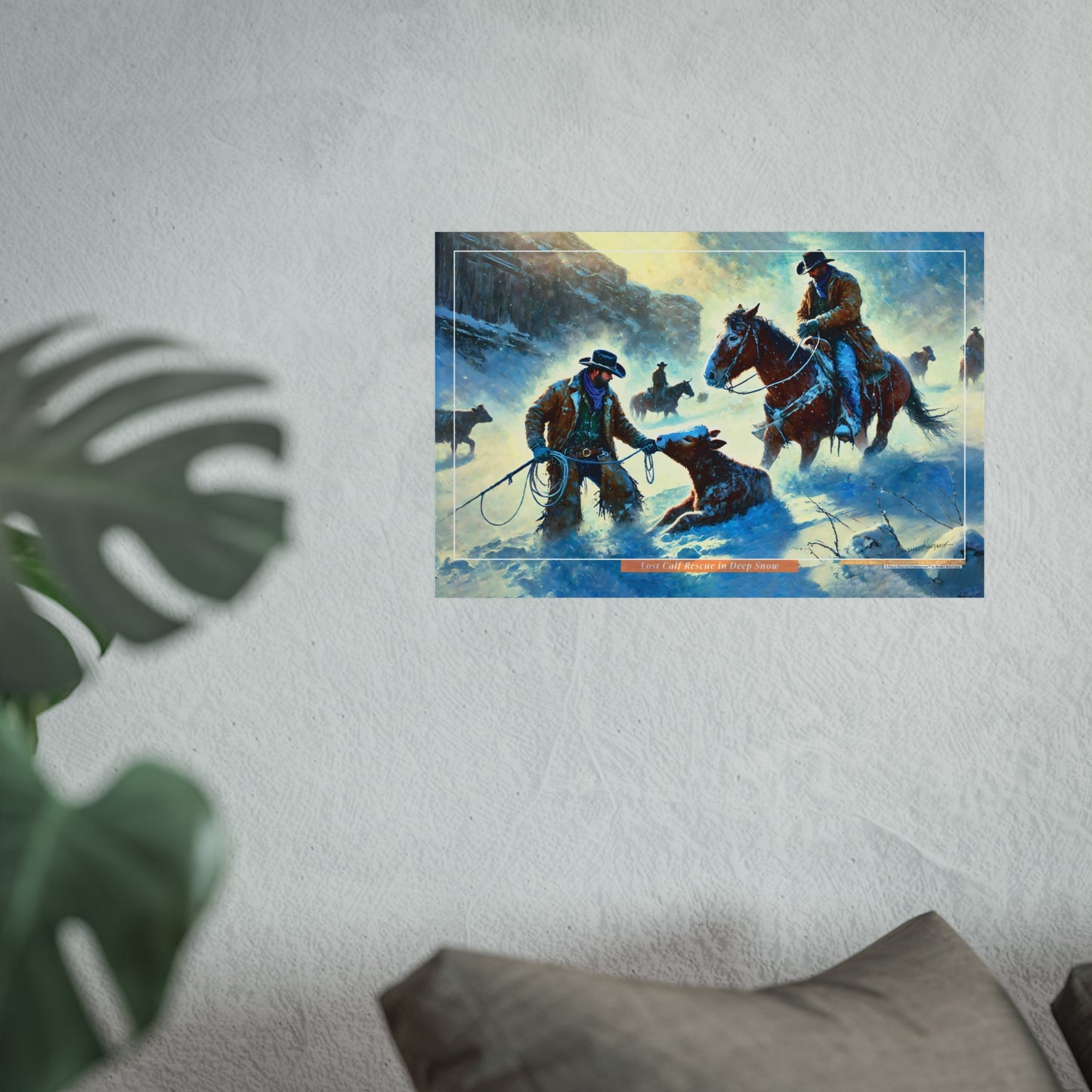Poster of cowboys in a snowy landscape on a white wall.