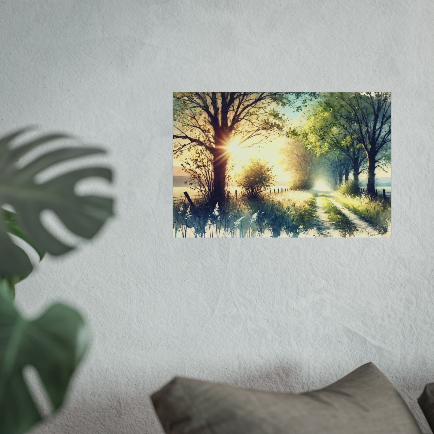 Scenic wall art of a sunlit forest path on a textured wall.